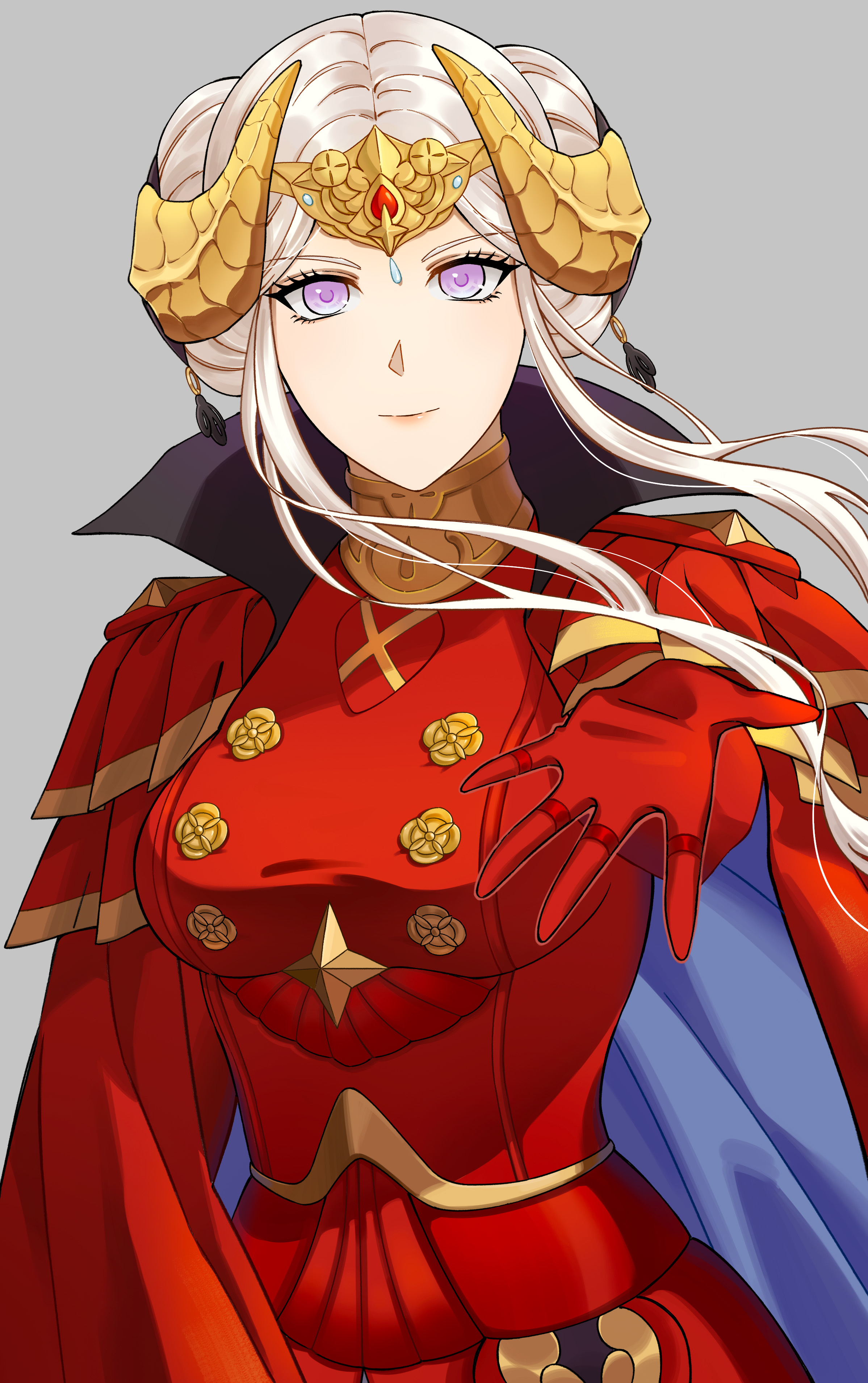 irithyll8157351, edelgard von hresvelg, edelgard von hresvelg (timeskip), fire emblem, fire emblem: three houses, nintendo, absurdres, highres, 1girl, armor, blue cape, breasts, cape, closed mouth, double bun, fake horns, gloves, grey background, hair bun, horns, jewelry, long hair, medium breasts, purple eyes, reaching, reaching towards viewer, red armor, red cape, red gloves, sidelocks, simple background, smile, solo, two-tone cape, white hair, yellow horns