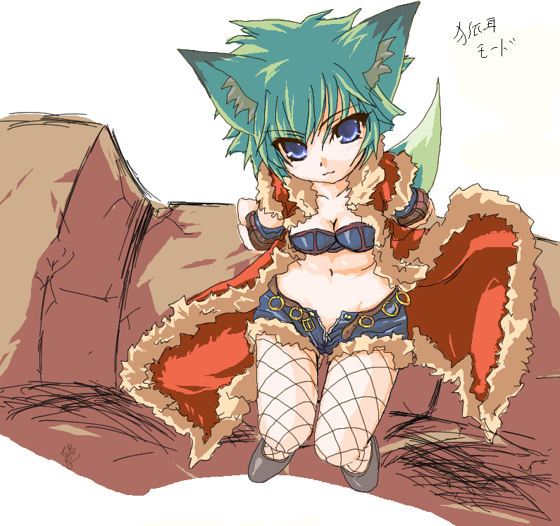 kazami karasu, rogue (ragnarok online), ragnarok online, fur, 1girl, animal ear fluff, animal ears, blue eyes, breasts, cape, cleavage, female focus, fishnet pantyhose, fishnets, fox ears, fox tail, green hair, midriff, pantyhose, shorts, small breasts, solo, tail