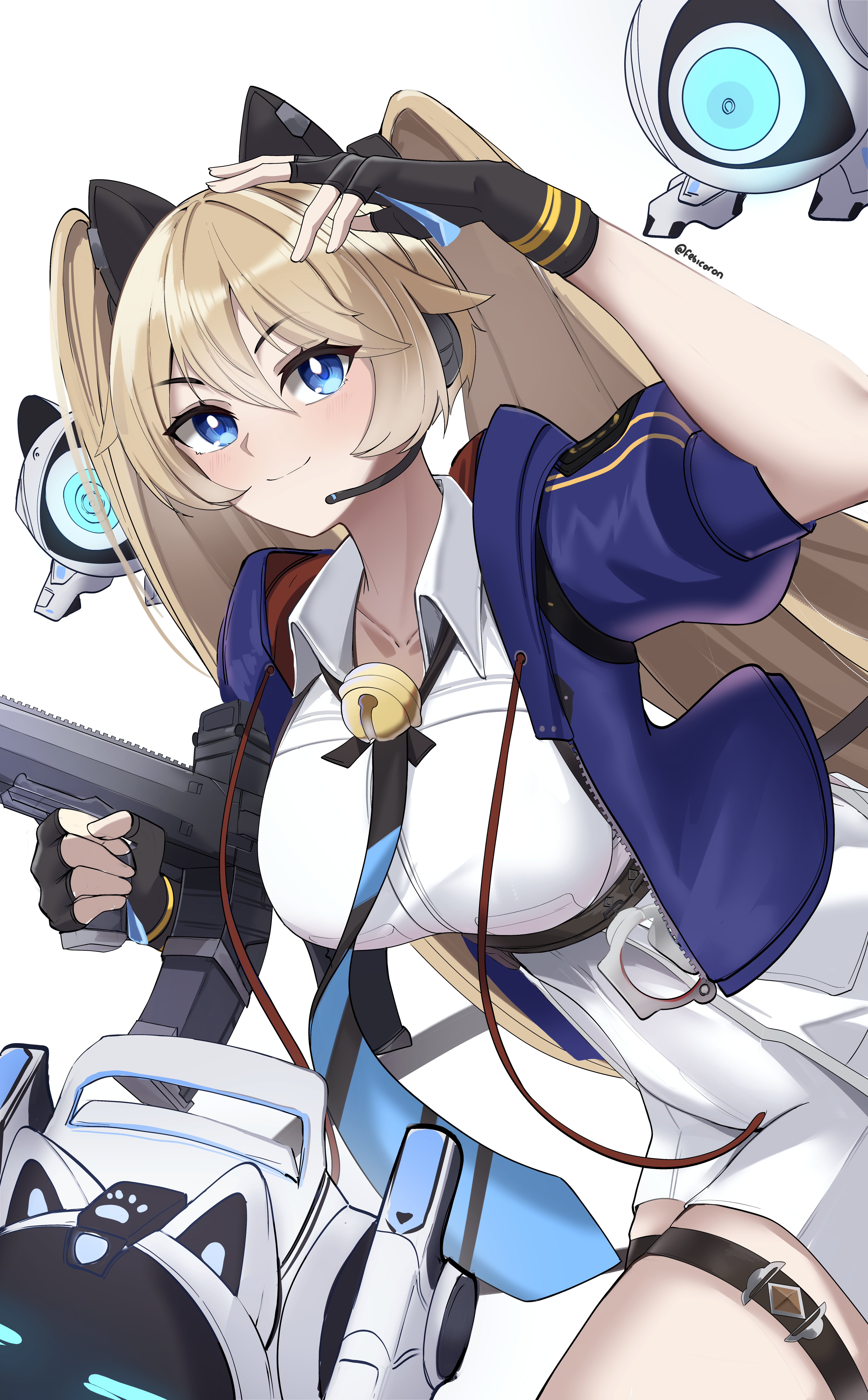 febicoron, michele (strinova), strinova, absurdres, highres, 1girl, animal ear headphones, animal ears, bell, blonde hair, blue eyes, blush, breasts, cat ear headphones, cat ears, collarbone, drone, fake animal ears, fingerless gloves, gloves, gun, hair between eyes, hand up, headphones, headset, holding, holding gun, holding weapon, jacket, large breasts, leaning forward, long hair, looking at viewer, mighty meow (strinova), necktie, rifle, robot, shirt, shorts, sidelocks, simple background, smile, thigh strap, twintails, weapon, white background, white shirt