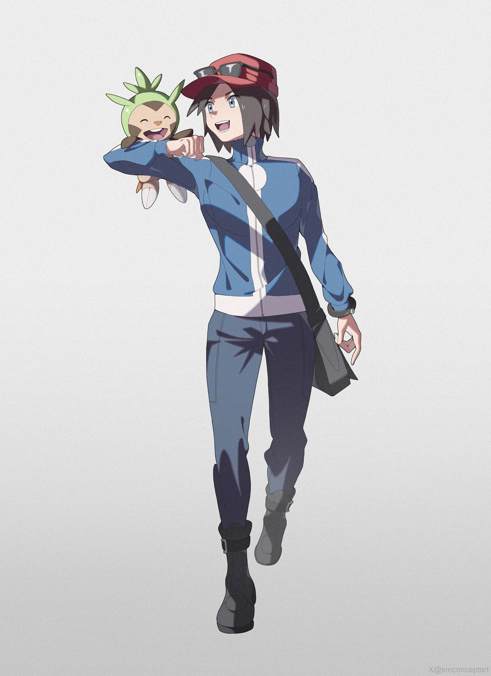 kmconceptart, calem (pokemon), chespin, nintendo, pokemon, pokemon xy, highres, 1boy, bag, black boots, black hair, blue eyes, blue jacket, blue pants, boots, closed eyes, eyewear on headwear, gen 6 pokemon, hat, jacket, long sleeves, open mouth, pants, pokemon (creature), red hat, short hair, shoulder bag, simple background, smile, sunglasses, teeth, upper teeth only