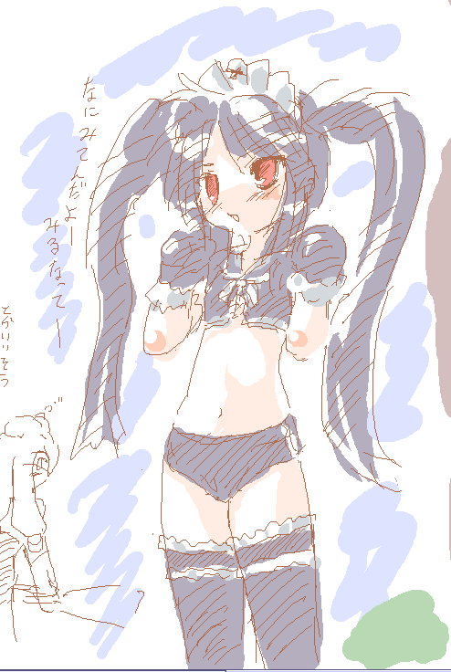 kazami karasu, kooh (pangya), pangya, blue hair, gloves, long hair, oekaki, red eyes, solo, thighhighs, twintails