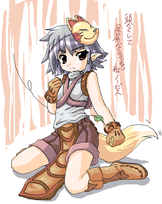 kazami karasu, novice (ragnarok online), ragnarok online, 1girl, blue hair, clenched hand, clenched hands, elf, female focus, fox mask, fox tail, gloves, leaf, mask, pointy ears, shorts, solo, strap, tail