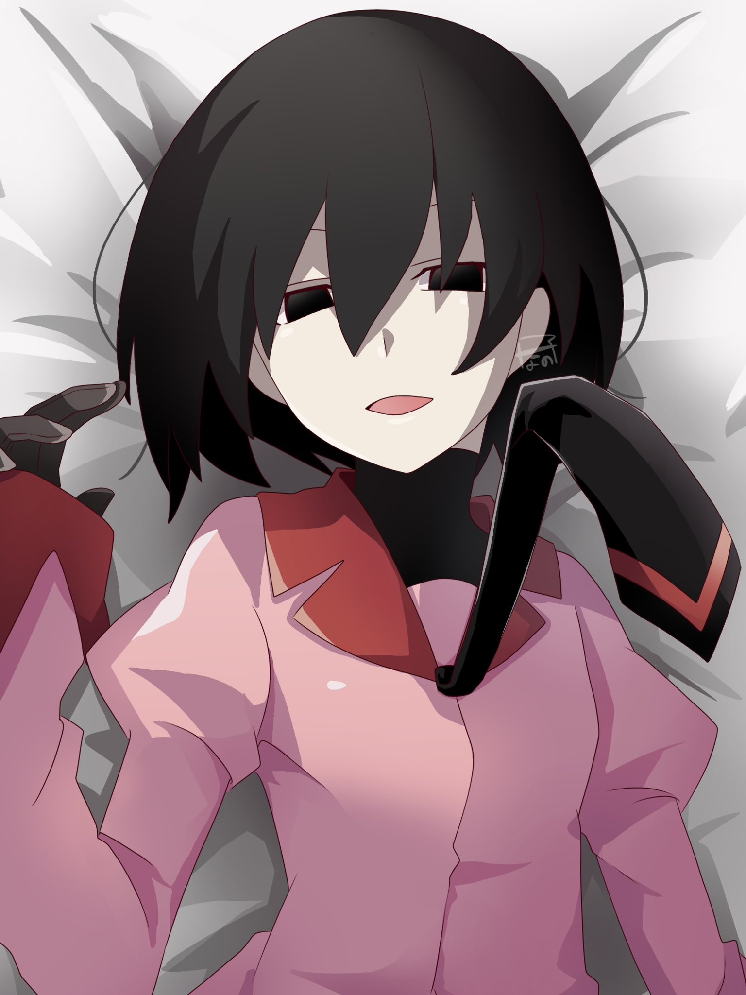 oshino ougi, monogatari (series), commentary, highres, 1girl, arm at side, artist name, bed sheet, black eyes, black gloves, black necktie, bob cut, breasts, empty eyes, from above, gloves, hair between eyes, hand up, juliet sleeves, long sleeves, looking at viewer, loose hair strand, messy hair, nano-tan (sakuta sakuzi), naoetsu high school uniform, narrowed eyes, necktie, necktie lift, on bed, open mouth, pale skin, parted lips, pink shirt, pov, puffy sleeves, red trim, school uniform, shirt, short hair, signature, sleeves past wrists, small breasts, solo, turtleneck, upper body