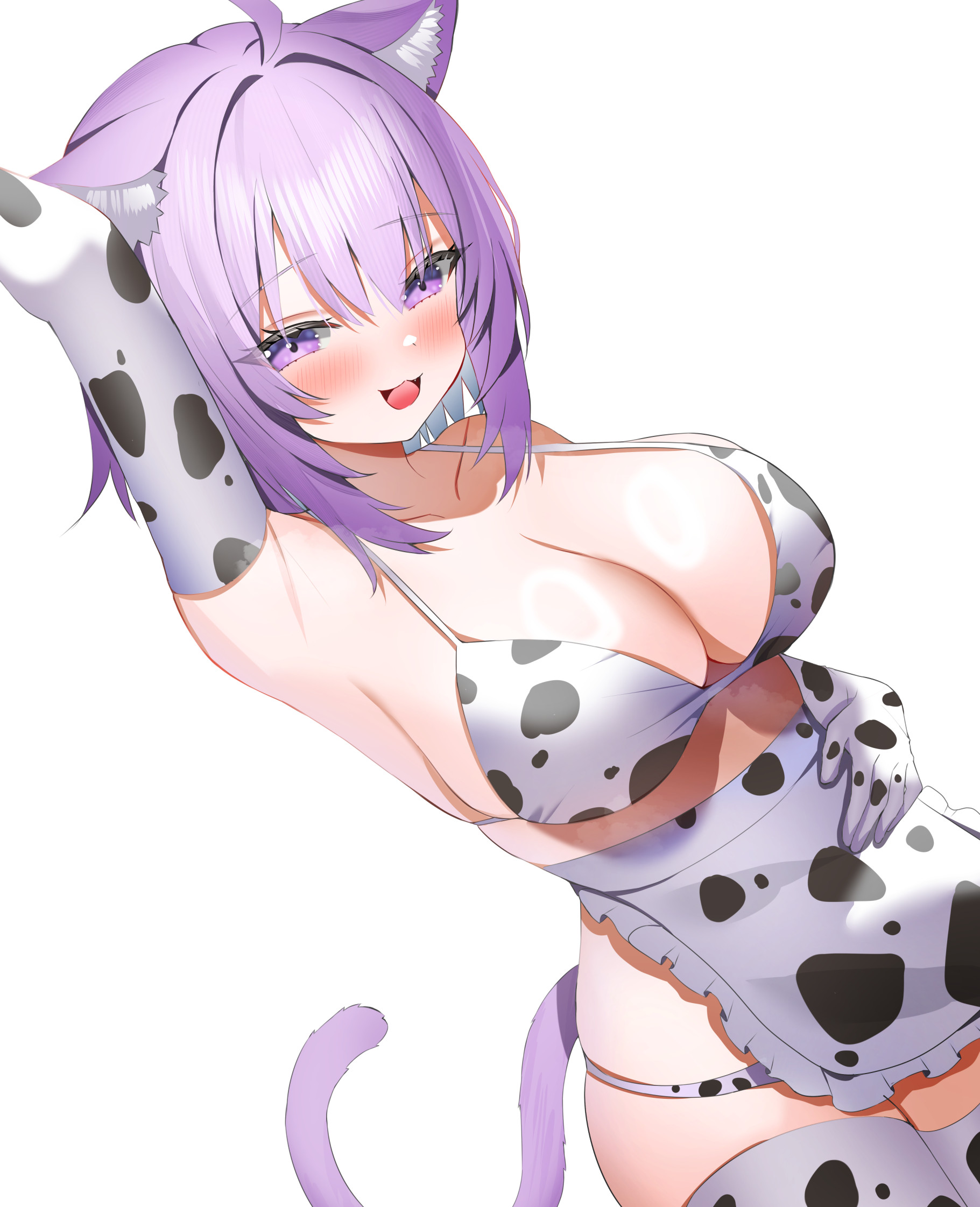 aa44, nekomata okayu, hololive, highres, 1girl, ahoge, animal ear fluff, animal ears, animal print, arm up, armpits, bikini, blush, breasts, cat ears, cat girl, cat tail, cleavage, cow print, cow print apron, cow print bikini, cow print gloves, cow print thighhighs, gloves, large breasts, looking at viewer, medium hair, open mouth, print bikini, print gloves, print thighhighs, purple eyes, purple hair, ring light reflection, solo, swimsuit, tail, thighhighs, virtual youtuber, white background