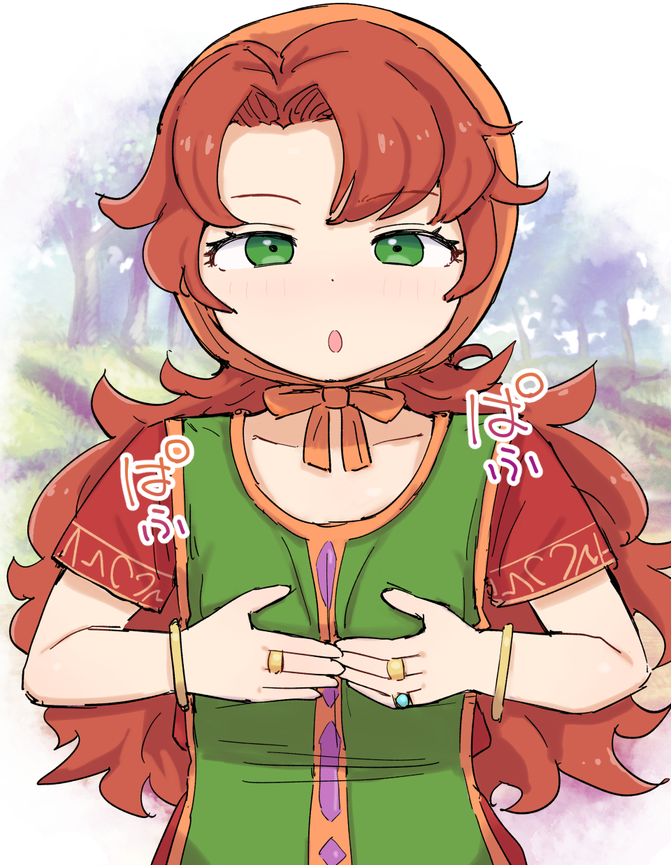 kutabireta neko, maribel (dq7), dragon quest, dragon quest vii, highres, 1girl, breasts, collarbone, curly hair, dress, grabbing own breast, hood, jewelry, long hair, looking at viewer, open mouth, red hair, ring, solo, tree