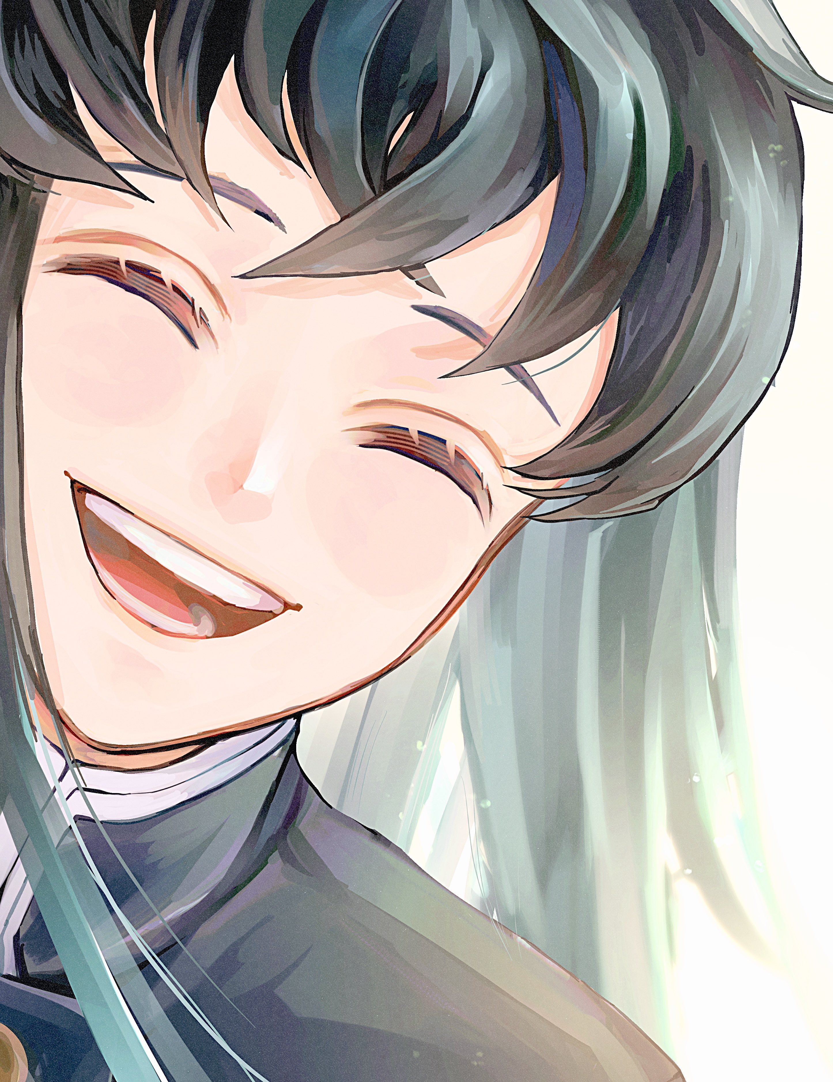 asaki illust, tokitou muichirou, kimetsu no yaiba, absurdres, hashtag-only commentary, highres, 1boy, ^ ^, black hair, blue hair, close-up, closed eyes, long hair, male focus, open mouth, simple background, smile, solo, white background