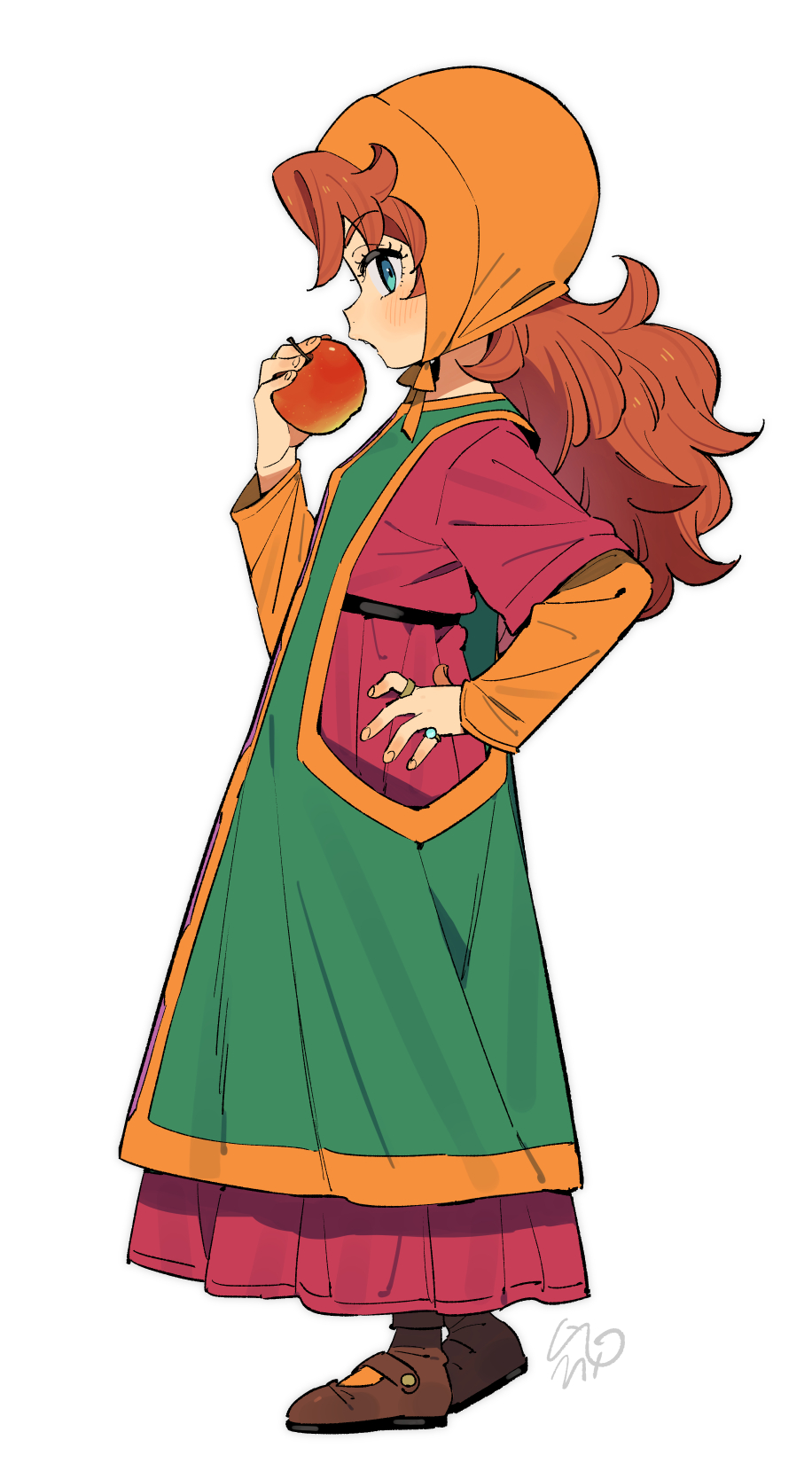 moyori, maribel (dq7), dragon quest, dragon quest vii, highres, 1girl, apple, blue eyes, curly hair, dress, food, fruit, full body, hood, jewelry, long hair, looking at viewer, looking to the side, open mouth, red hair, ring, solo
