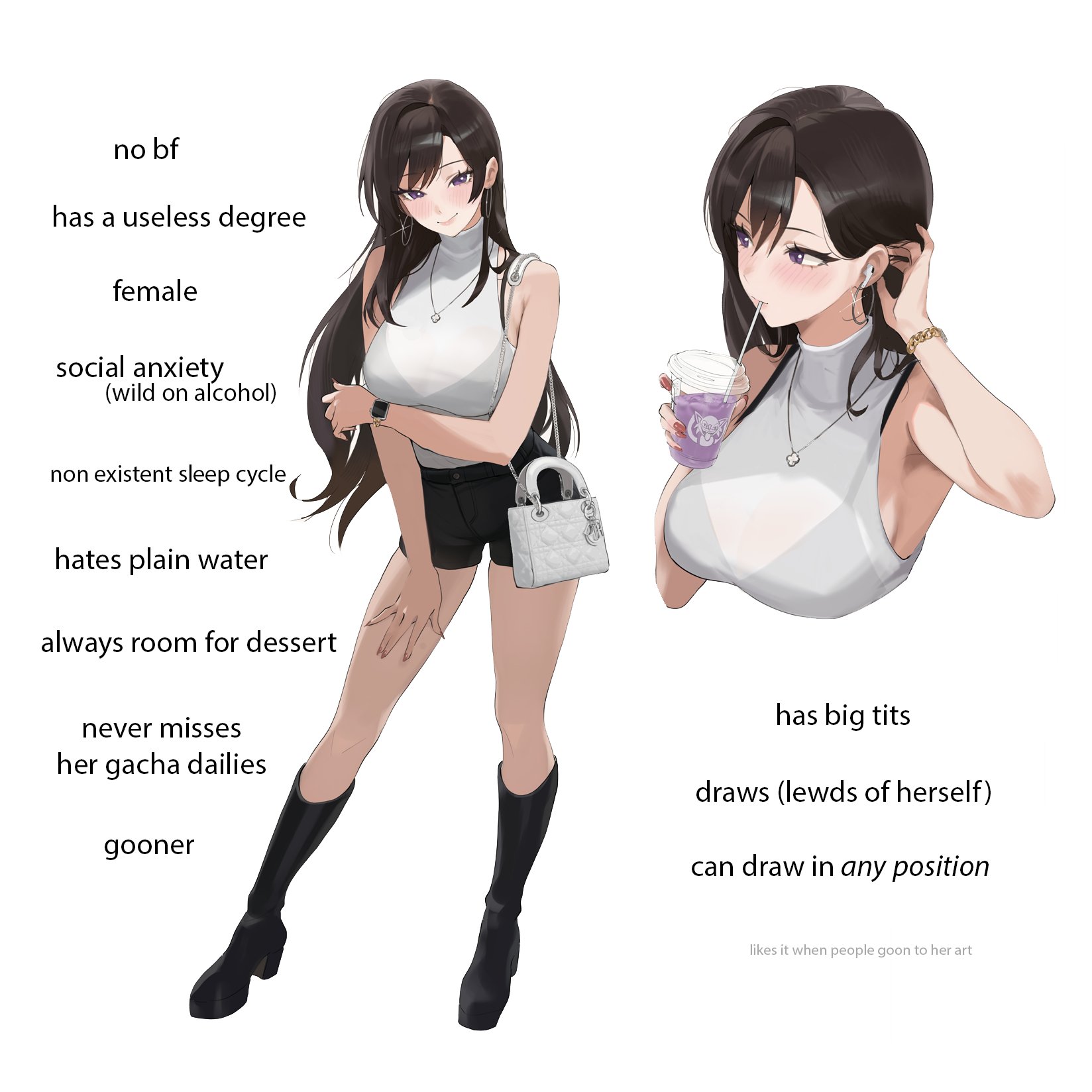 rucarachi, original, commentary, english commentary, highres, 1girl, airpods, artist self-insert, bag, black boots, black bra, black hair, black shorts, boots, bra, bracelet, breasts, cup, drinking, earrings, english text, handbag, holding, holding cup, hoop earrings, jewelry, knee boots, large breasts, necklace, purple eyes, ruca (rucarachi), see-through clothes, see-through shirt, shirt, short shorts, shorts, sleeveless, sleeveless shirt, smartwatch, underwear, watch, wireless earphones, wristwatch