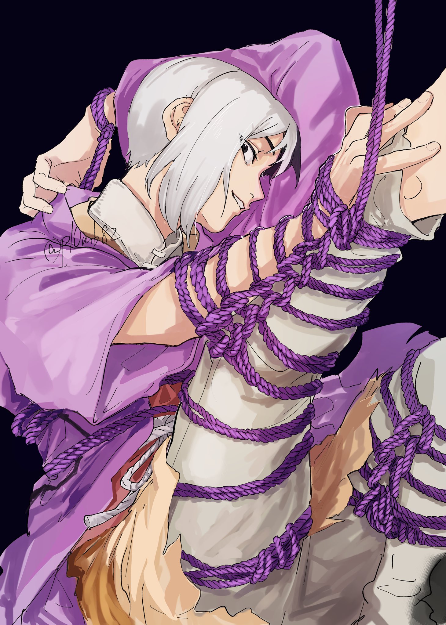 asagiri gen, dr. stone, highres, 1boy, arms behind head, bandaged arm, bandaged hand, bandaged leg, bandages, bandages over clothes, bandaid, bandaid on leg, blue eyes, hand up, japanese clothes, kimono, leg up, long hair, multicolored hair, open mouth, pl0mb82, purple kimono, smile