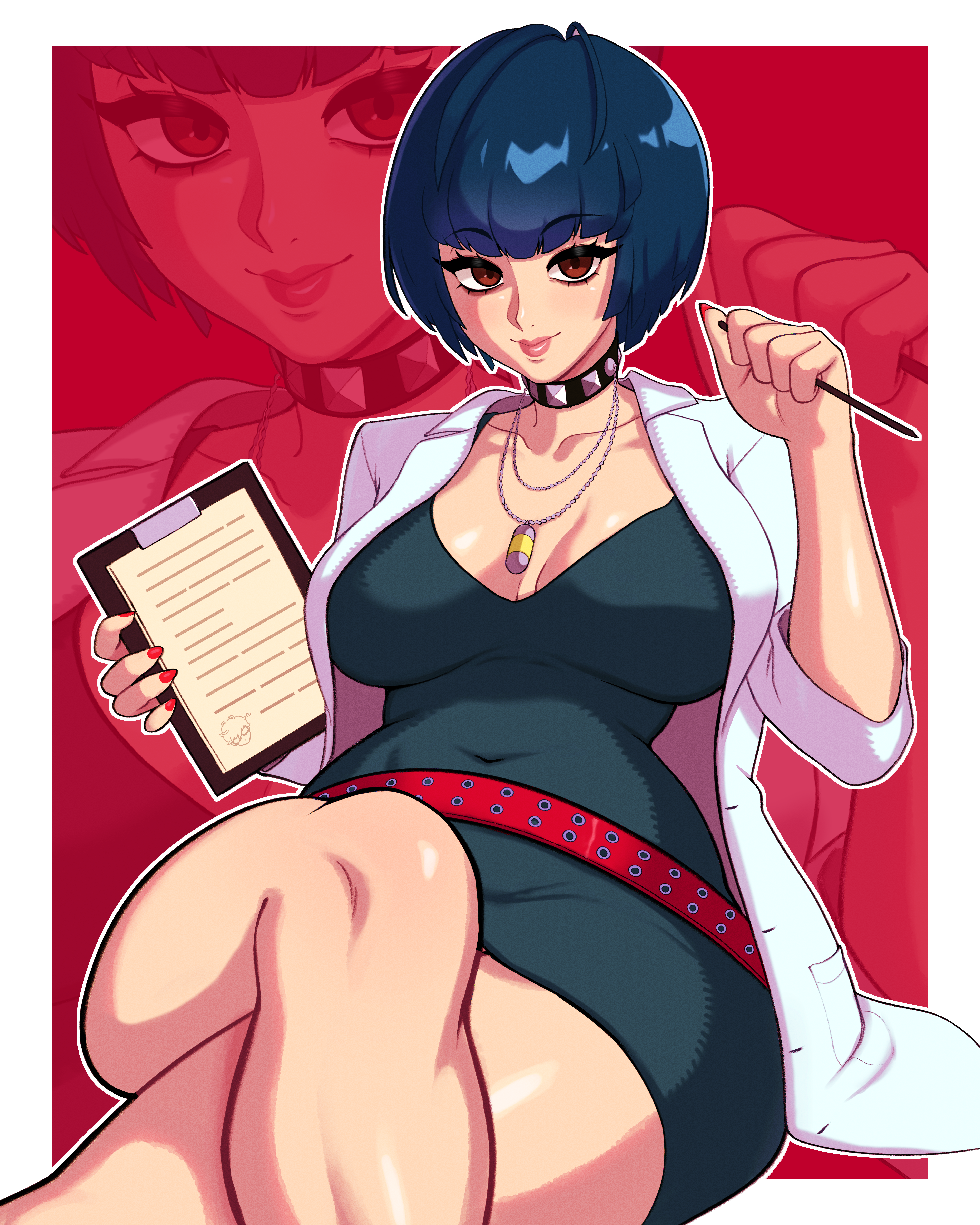 kryokenn, takemi tae, persona, persona 5, absurdres, highres, 1girl, alternate breast size (larger), belt, black dress, black hair, bob cut, border, breasts, brown eyes, choker, cleavage, closed mouth, collarbone, covered navel, crossed legs, dress, fingernails, lab coat, large breasts, lips, looking at viewer, outside border, pink lips, red background, red belt, red nails, sitting, solo, thighs, white border