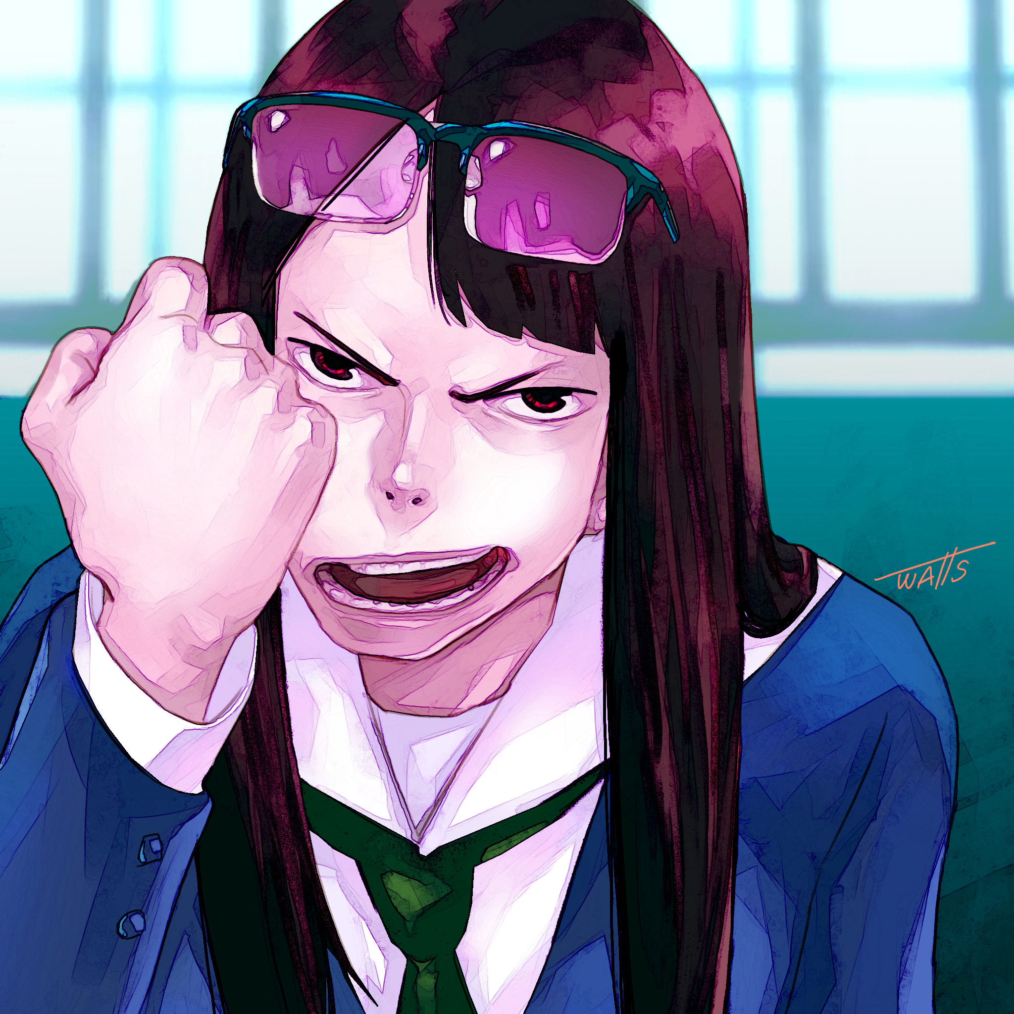 watts (lil nemo182), kanamori sayaka, eizouken ni wa te wo dasu na!, commentary, highres, 1girl, artist name, asymmetrical bangs, clenched hand, eyewear on head, glasses, green necktie, long hair, necktie, open mouth, school uniform, shibahama high school uniform, solo