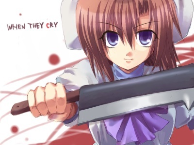 ryuuguu rena, higurashi no naku koro ni, lowres, non-web source, 00s, 1girl, billhook, blood, blue eyes, brown hair, female focus, hashitsuki nata, hat, hatchet, nata (tool), short hair, solo