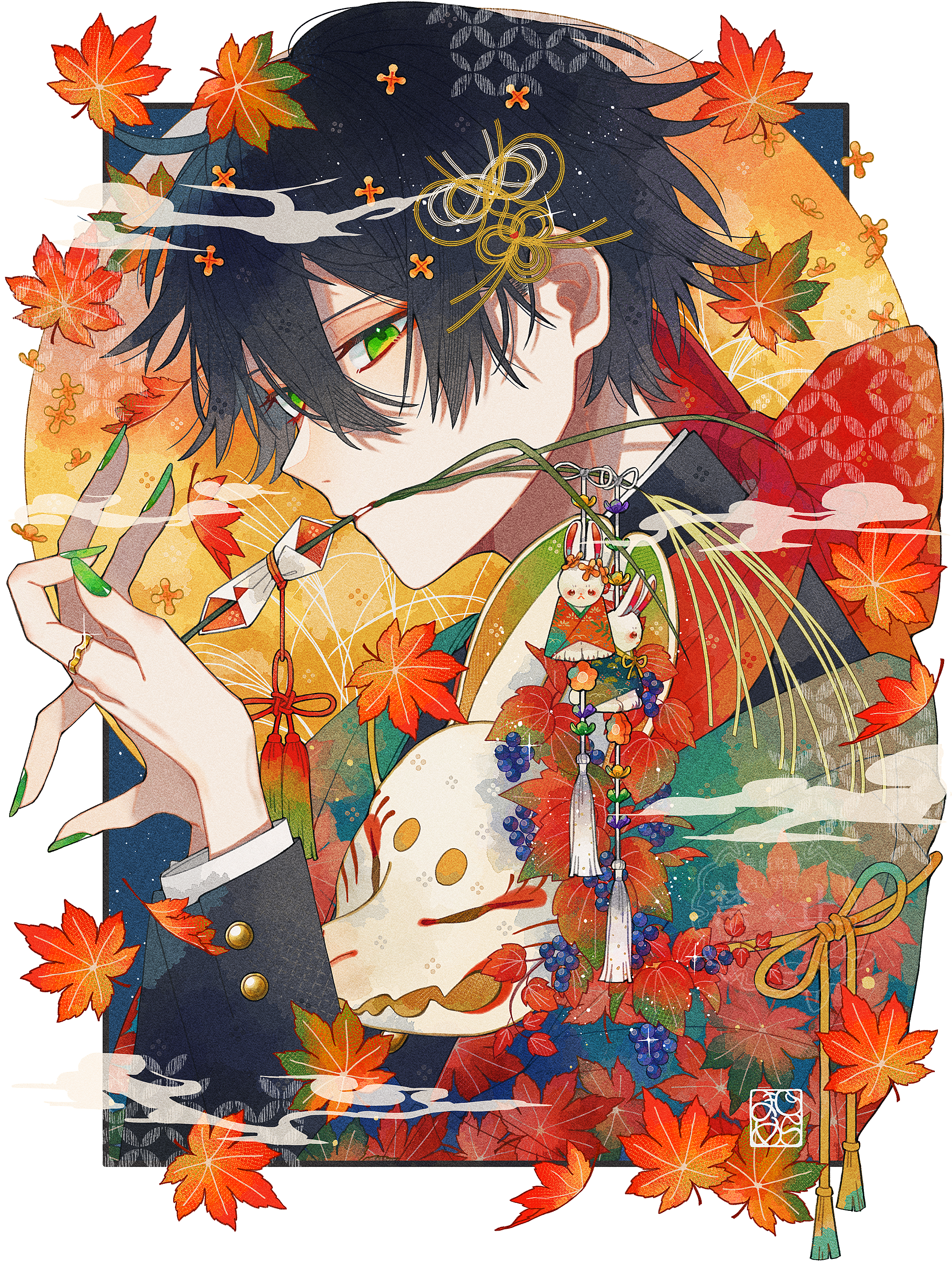 shira mame93, original, absurdres, highres, 1boy, autumn, autumn leaves, black hair, buttoned cuffs, buttons, cloud, food, from side, fruit, grapes, green eyes, green nails, hands up, leaf, long sleeves, male focus, mask, mouth hold, nail polish, rabbit mask, short hair, solo, unworn mask, upper body