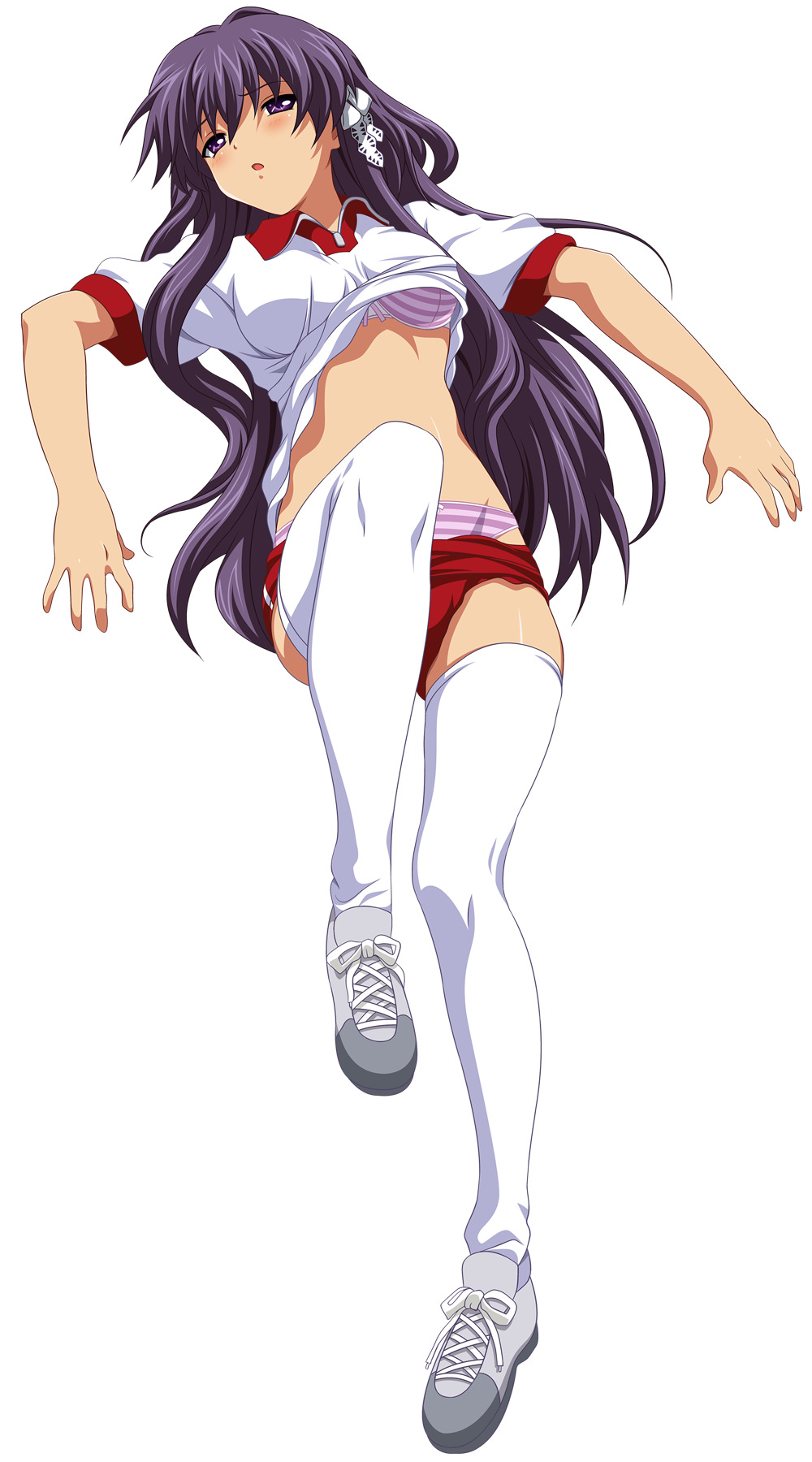 kaede (pixiv418056), fujibayashi kyou, clannad, bad id, bad pixiv id, highres, 00s, 1girl, bow, bow bra, bow panties, bra, buruma, buruma pull, clothes lift, clothes pull, female focus, gym uniform, lingerie, long hair, lying, panties, purple eyes, purple hair, shirt lift, shirt pull, solo, striped clothes, striped panties, thighhighs, underwear, white thighhighs