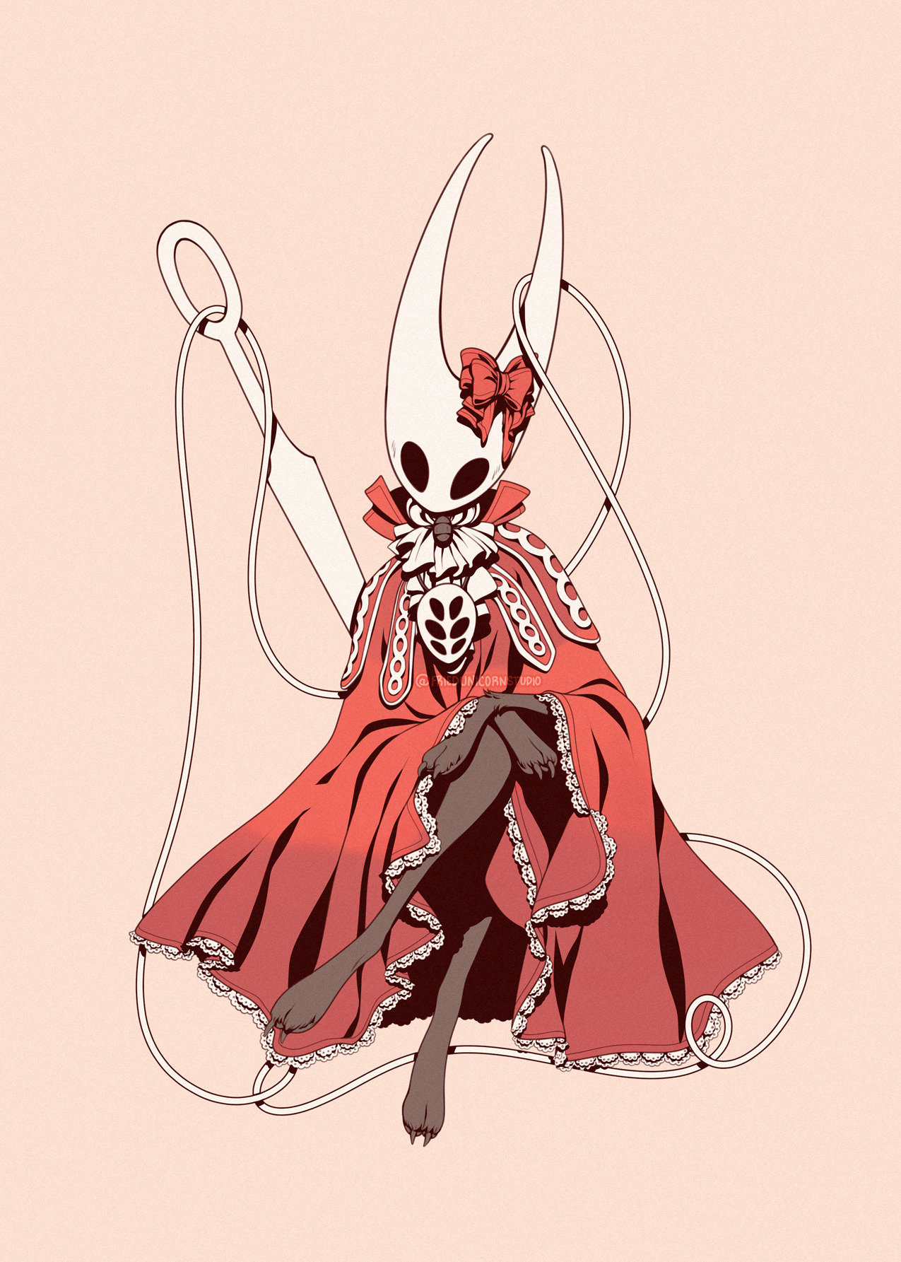 friedunicornstudio, hornet (hollow knight), hollow knight, hollow knight: silksong, highres, 1girl, arthropod girl, artist name, ascot, black eyes, black skin, bow, cloak, colored skin, facing viewer, full body, hollow eyes, horned mask, mask, needle, needle (hollow knight), pink background, red bow, red cloak, simple background, sitting, solo, weapon, white ascot, white mask