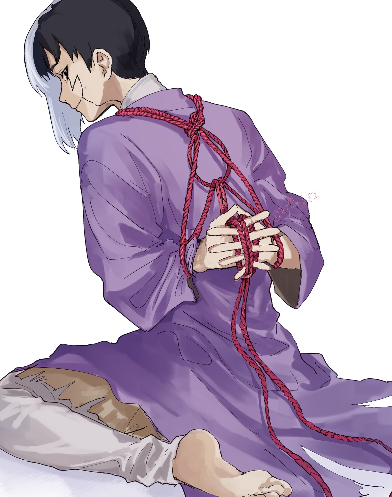 asagiri gen, dr. stone, highres, 1boy, arms behind back, back, bandaged hand, bandages, bandages over clothes, bandaid, barefoot, blue eyes, closed mouth, full body, japanese clothes, kimono, long hair, multicolored hair, pl0mb82, purple kimono, sitting, smile, white background