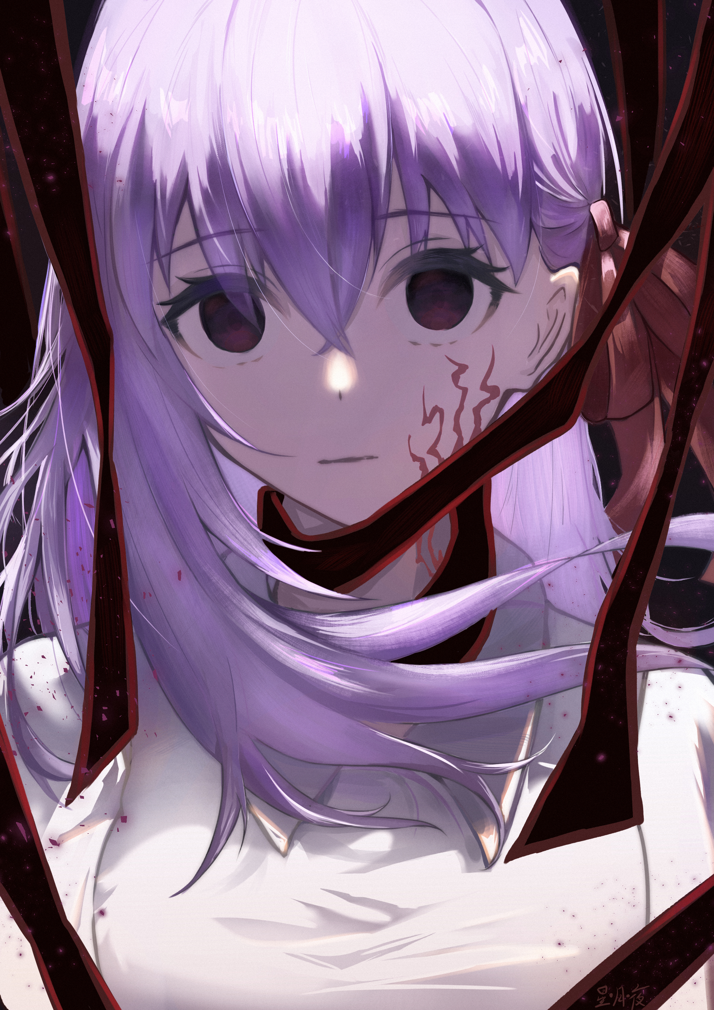 dark sakura, matou sakura, fate/stay night, fate (series), heaven's feel, type-moon, absurdres, highres, 1girl, blank stare, body markings, closed mouth, collared shirt, corruption, dark persona, empty eyes, expressionless, facial mark, hair ribbon, long hair, looking at viewer, possessed, red eyes, red ribbon, res ssss, ribbon, shirt, solo, staring, sweater vest, upper body, white hair, white shirt, white sweater vest