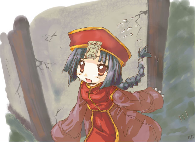 kazami karasu, munak, ragnarok online, 1girl, blue hair, braid, brown eyes, female focus, hat, jiangshi, ponytail, qingdai guanmao, solo