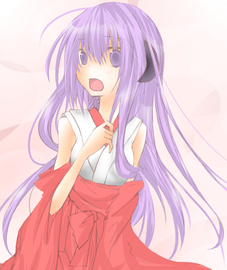 yuki (pixiv), yuki (snow), hanyuu, higurashi no naku koro ni, 00s, 1girl, detached sleeves, female focus, hakama, hakama skirt, horns, japanese clothes, long hair, purple eyes, purple hair, red hakama, skirt, solo