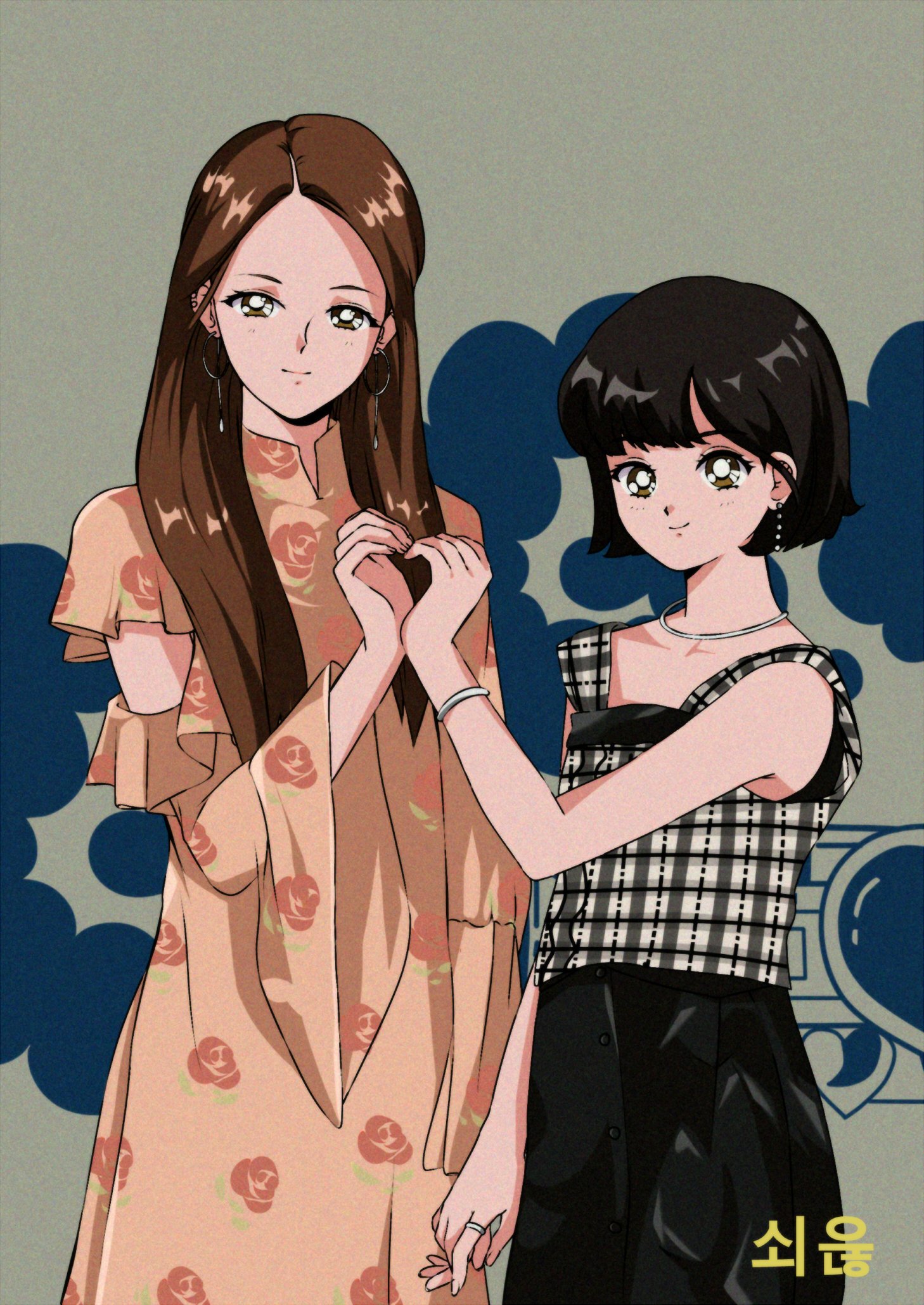 12 07sh, eunha (gfriend), gfriend, hashtag-only commentary, highres, 2girls, black hair, blunt bangs, blush, bob cut, brown eyes, dress, earrings, heart, heart hands, heart hands duo, jewelry, long hair, looking at viewer, multiple girls, ring, sleeveless, smile, sowon (gfriend), wide sleeves