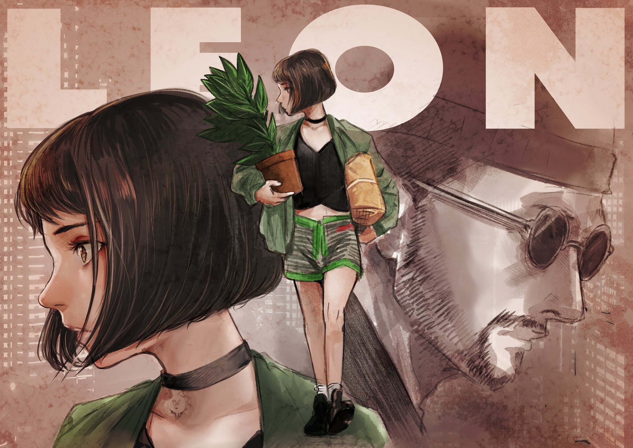 leon (leon the professional), mathilda lando, leon the professional, commentary, highres, 1boy, 1girl, ankle boots, beard, black boots, black choker, black hat, blunt bangs, blunt ends, bob cut, boots, brown background, brown eyes, brown hair, character name, choker, close-up, closed mouth, collarbone, copyright name, crop top, eyelashes, facial hair, flower pot, from side, full body, green jacket, green trim, grey shorts, hat, holding, holding flower pot, holding plant, jacket, knit hat, long sleeves, looking afar, looking to the side, midriff, mustache, open clothes, open jacket, package, pendant choker, plant, potted plant, round eyewear, sepia, short hair, shorts, socks, striped clothes, striped shorts, sunglasses, takahori kenta (horipu), walking, white socks, zoom layer