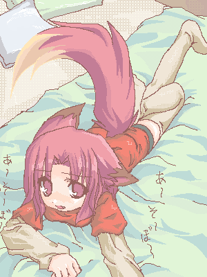 kazami karasu, original, lowres, animal ears, bed, fox ears, fox tail, oekaki, solo, tail, thighhighs, zettai ryouiki