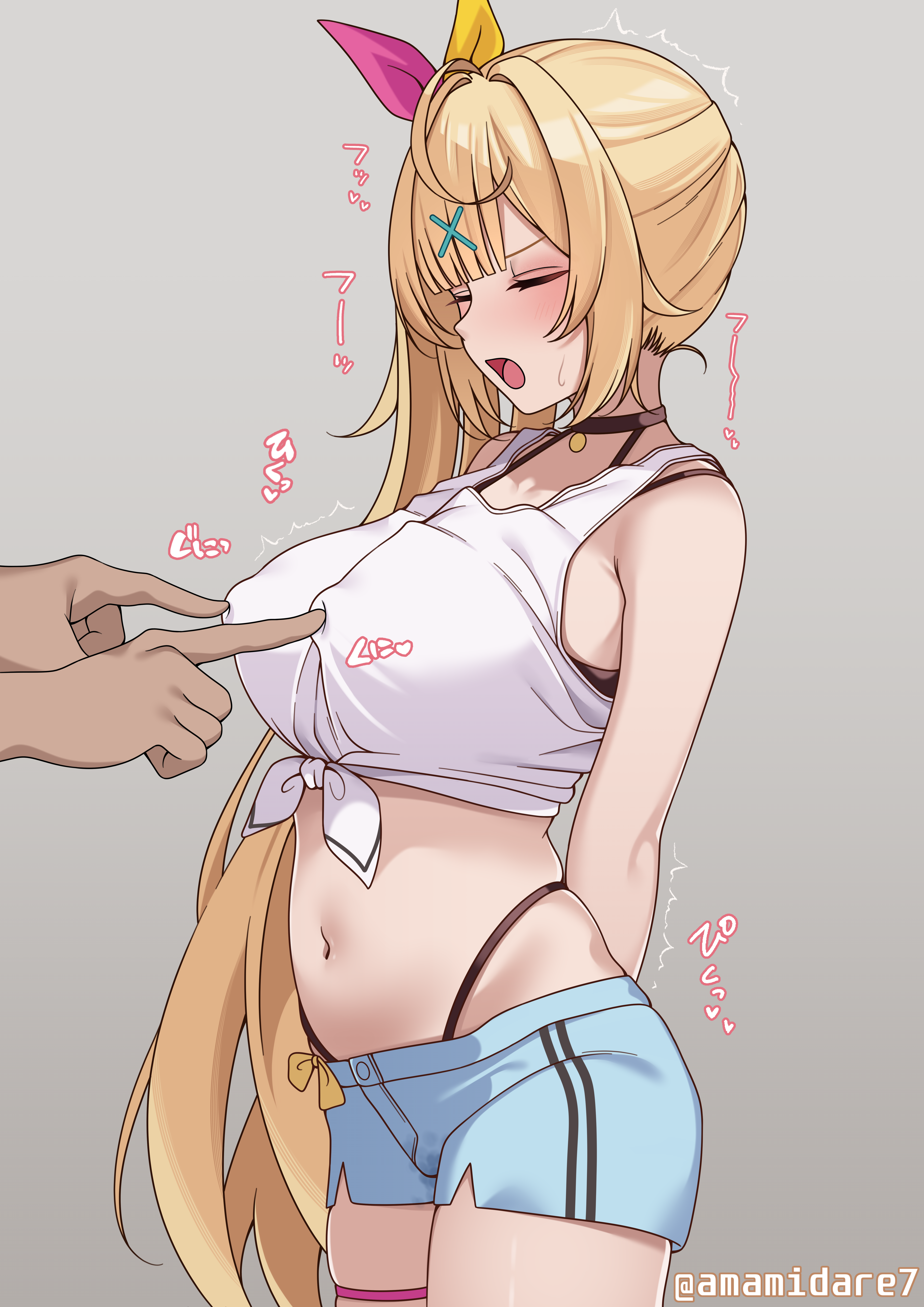 amamidare, hoshikawa sara, nijisanji, absurdres, highres, 1girl, ahoge, arm behind back, black choker, black panties, blonde hair, blue shorts, blush, bow, choker, closed eyes, covered erect nipples, cowboy shot, facing another, grey background, hair bow, hair intakes, hair ornament, legs together, long hair, meme, midriff, multicolored bow, navel, nipple guessing game (meme), nipple stimulation, open mouth, panties, poking another's breast, shiny skin, short shorts, shorts, side ponytail, simple background, solo focus, standing, sweat, tank top, thong, trembling, twitter username, underwear, very long hair, virtual youtuber, white tank top, x hair ornament