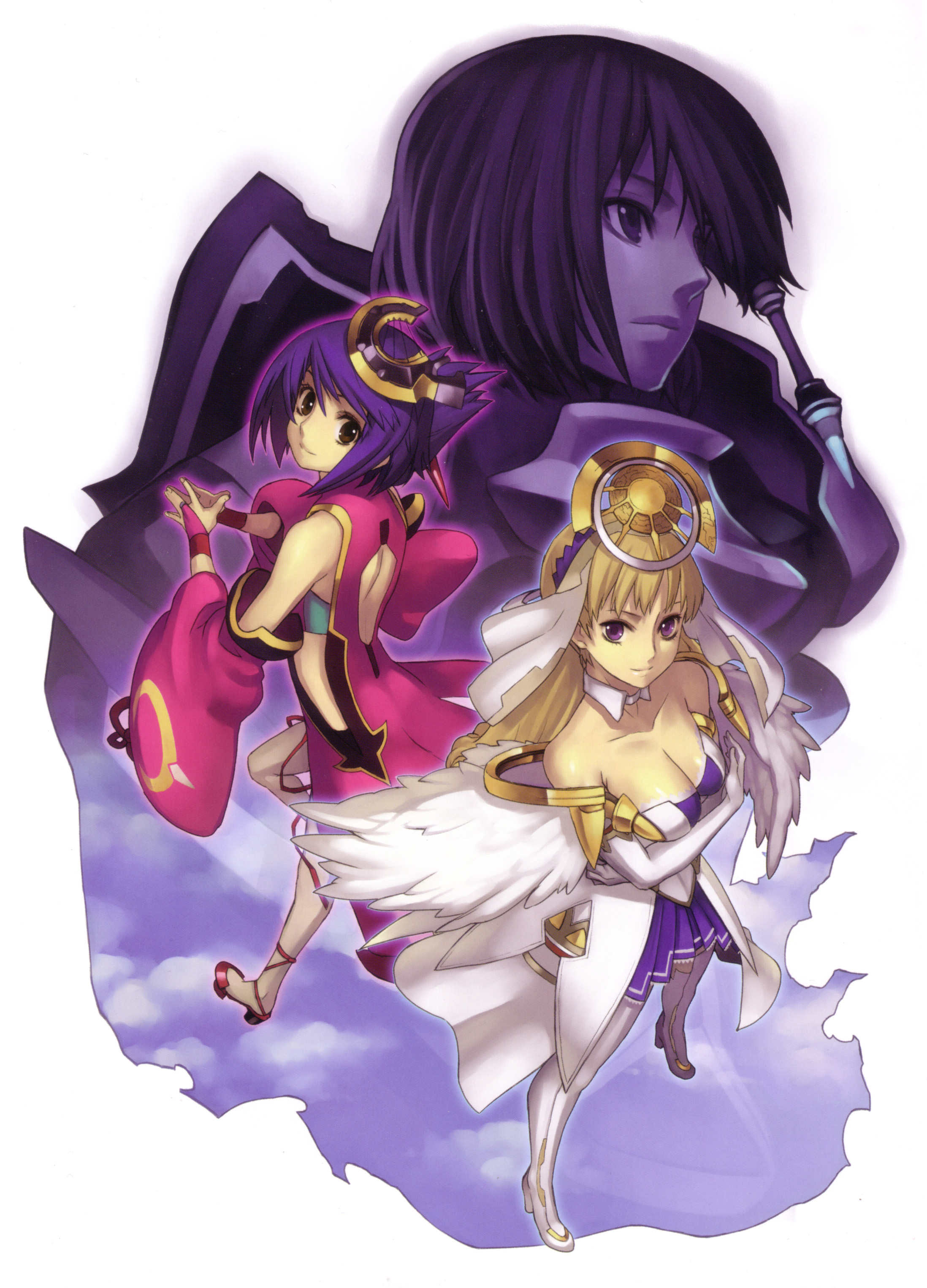 nagi ryou, chroche latel pastalie, luca truelywaath, ar tonelico, ar tonelico ii, gust, absurdres, highres, official art, 00s, 2girls, armor, bare shoulders, blonde hair, blue hair, breasts, brown eyes, cleavage, detached sleeves, footwear ribbon, from above, gloves, hair ornament, high heels, large breasts, long hair, multiple girls, purple eyes, purple hair, shoes, short hair, skirt, smile, thighhighs