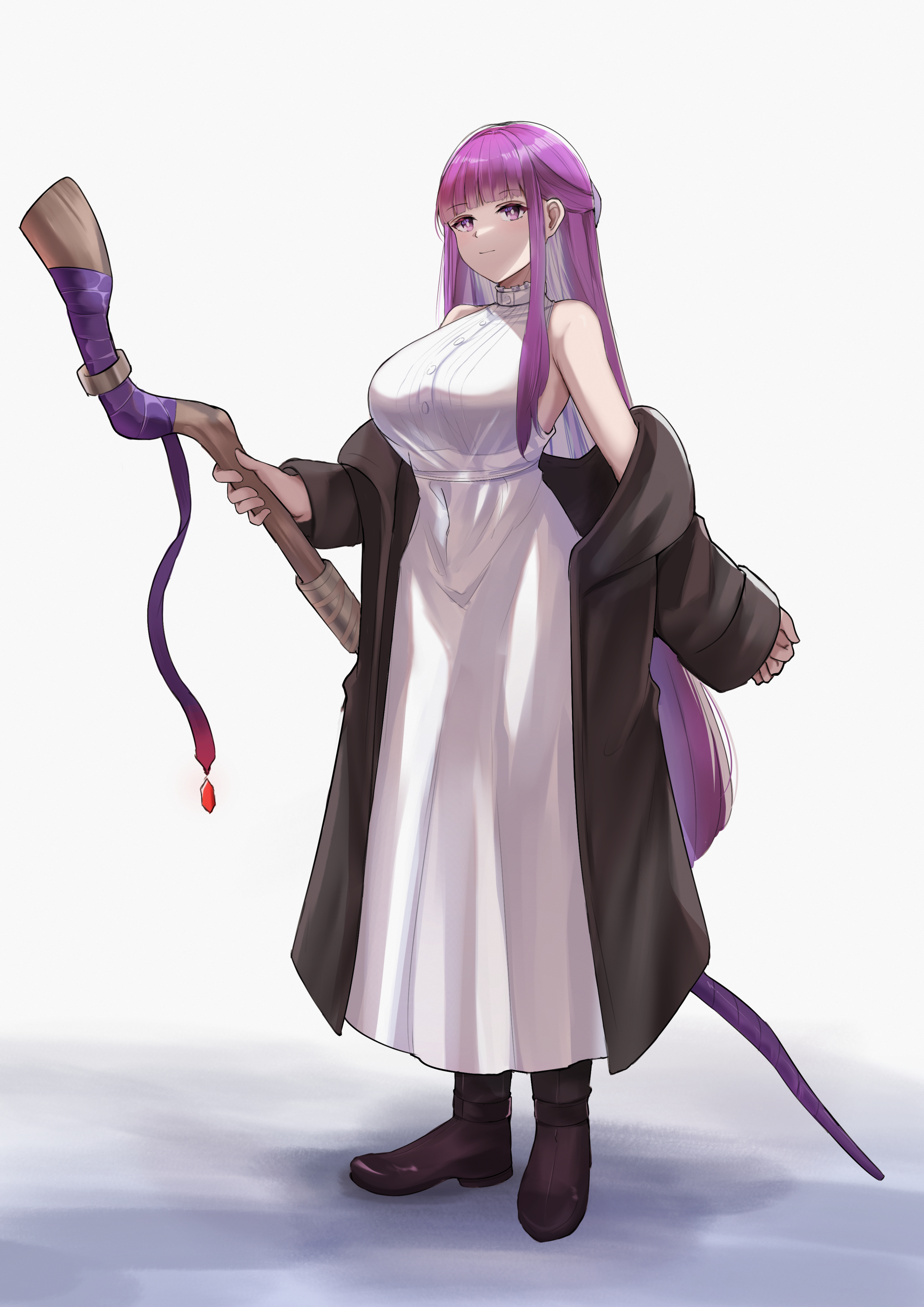 febicoron, fern (sousou no frieren), sousou no frieren, absurdres, highres, 1girl, armpit crease, blunt bangs, boots, breasts, coat, dress, halterneck, large breasts, long hair, multicolored hair, off-shoulder jacket, off shoulder, purple eyes, purple hair, sidelocks, simple background, solo, staff, standing, white background, white dress, white hair