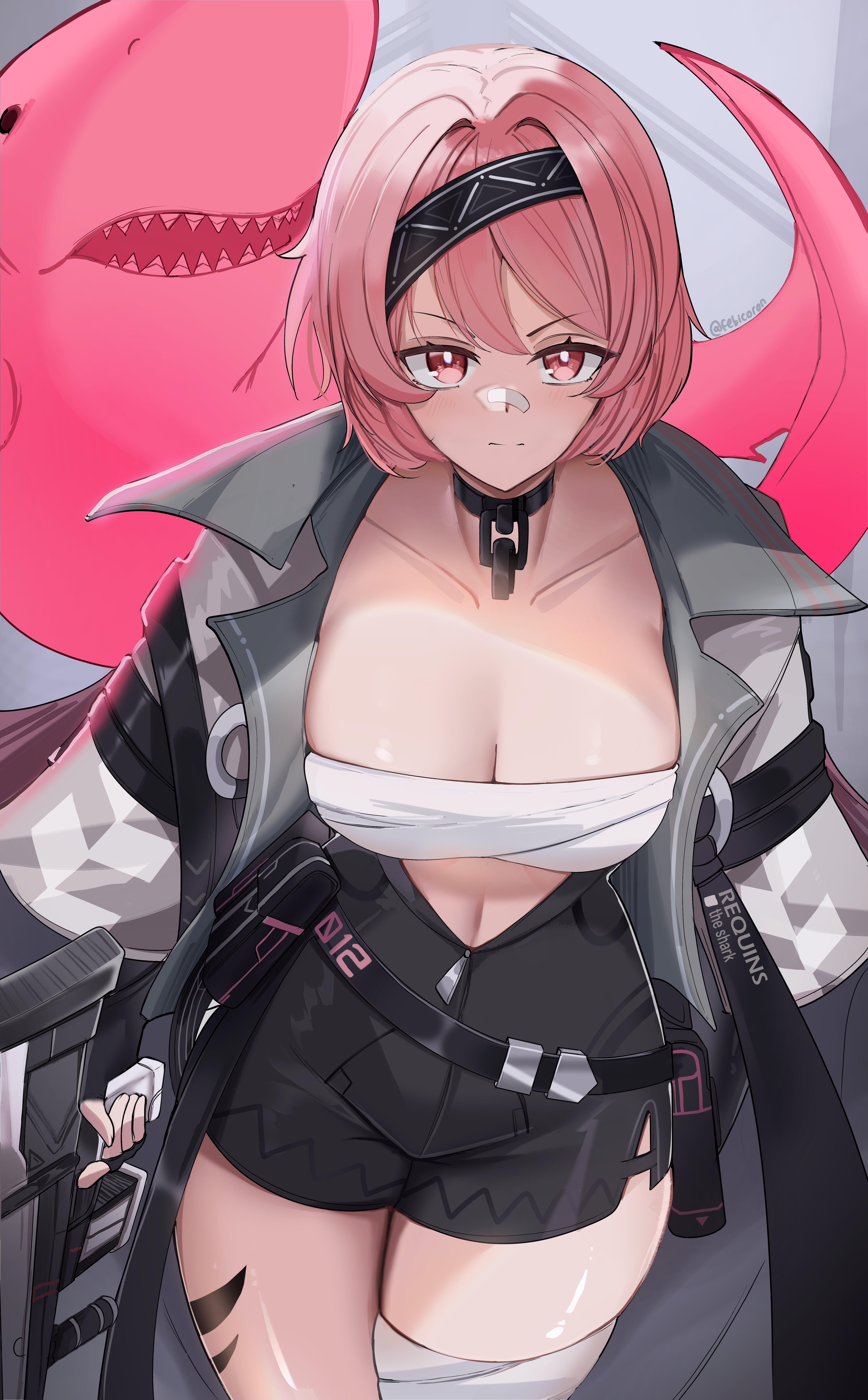 febicoron, fuchsia (strinova), strinova, absurdres, highres, 1girl, bandaged leg, bandages, bandaid, bandaid on face, bandaid on nose, bob cut, breasts, chain, chest sarashi, choker, cleavage, collarbone, fingerless gloves, gloves, gun, hair intakes, headband, holding, holding gun, holding weapon, jacket, looking at viewer, medium breasts, open clothes, open jacket, pink eyes, pink hair, rifle, sarashi, shark, short hair, simple background, standing, swept bangs, thick thighs, thighs, weapon, zipper pull tab