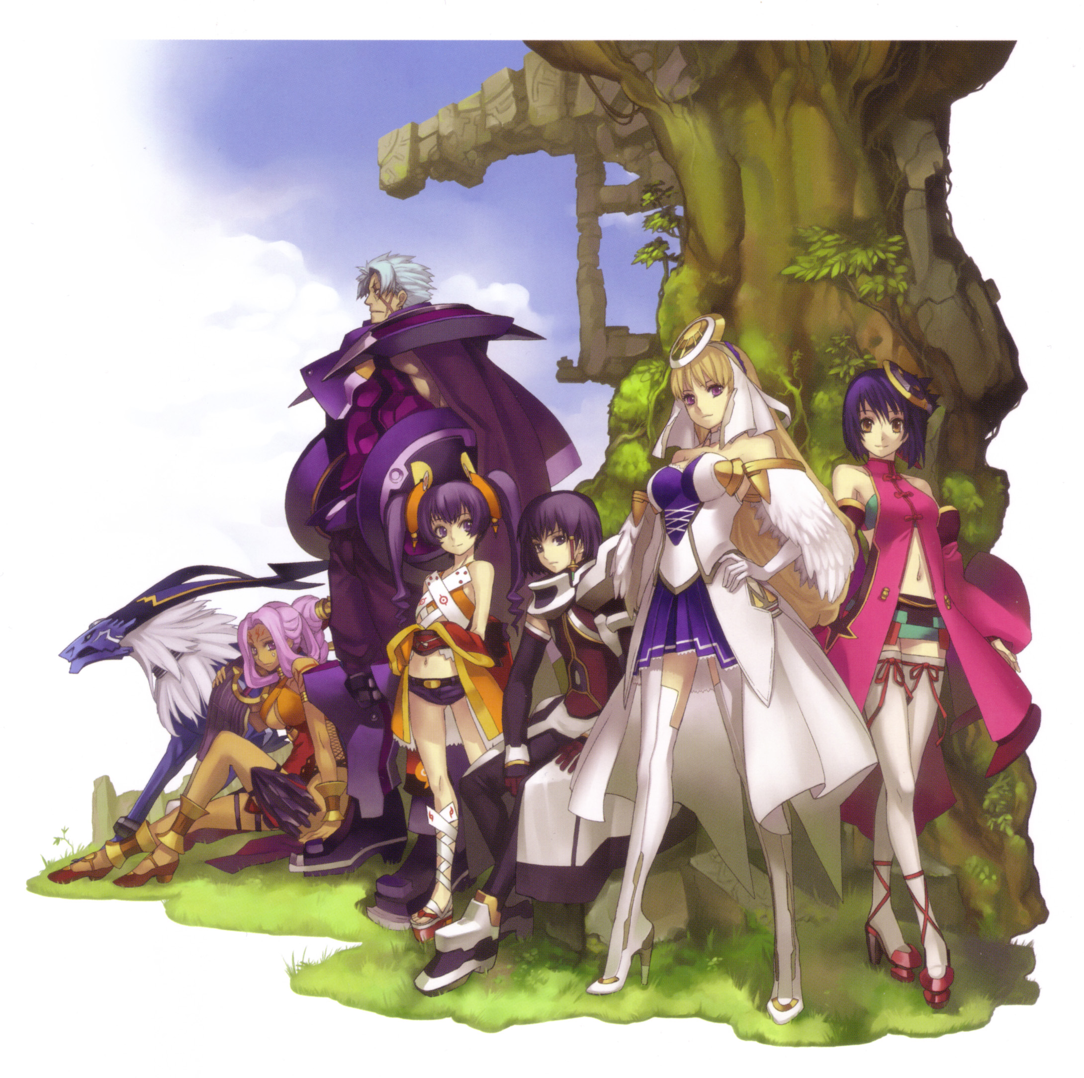 nagi ryou, amarie jerhad, chroah vatel, chroche latel pastalie, cocona vatel, legris branchesca, luca truelywaath, shun (ar tonelico), ar tonelico, ar tonelico ii, gust, silver hair, highres, official art, 00s, 2boys, 4girls, armor, armored dress, bare shoulders, blonde hair, blue hair, breasts, brown eyes, dark skin, detached sleeves, dress, footwear ribbon, gloves, hair ornament, large breasts, legs, long hair, looking at viewer, medium breasts, multiple boys, multiple girls, pink hair, ponytail, purple eyes, purple hair, scar, scar across eye, scar on face, short hair, skirt, smile, thighhighs, twintails