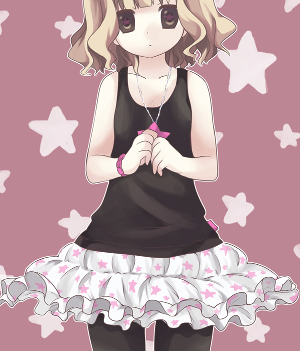 maki (natoriumu), maki (pixiv), original, bad id, bad pixiv id, brown eyes, brown hair, child, flat chest, frills, pantyhose, simple background, skirt, solo
