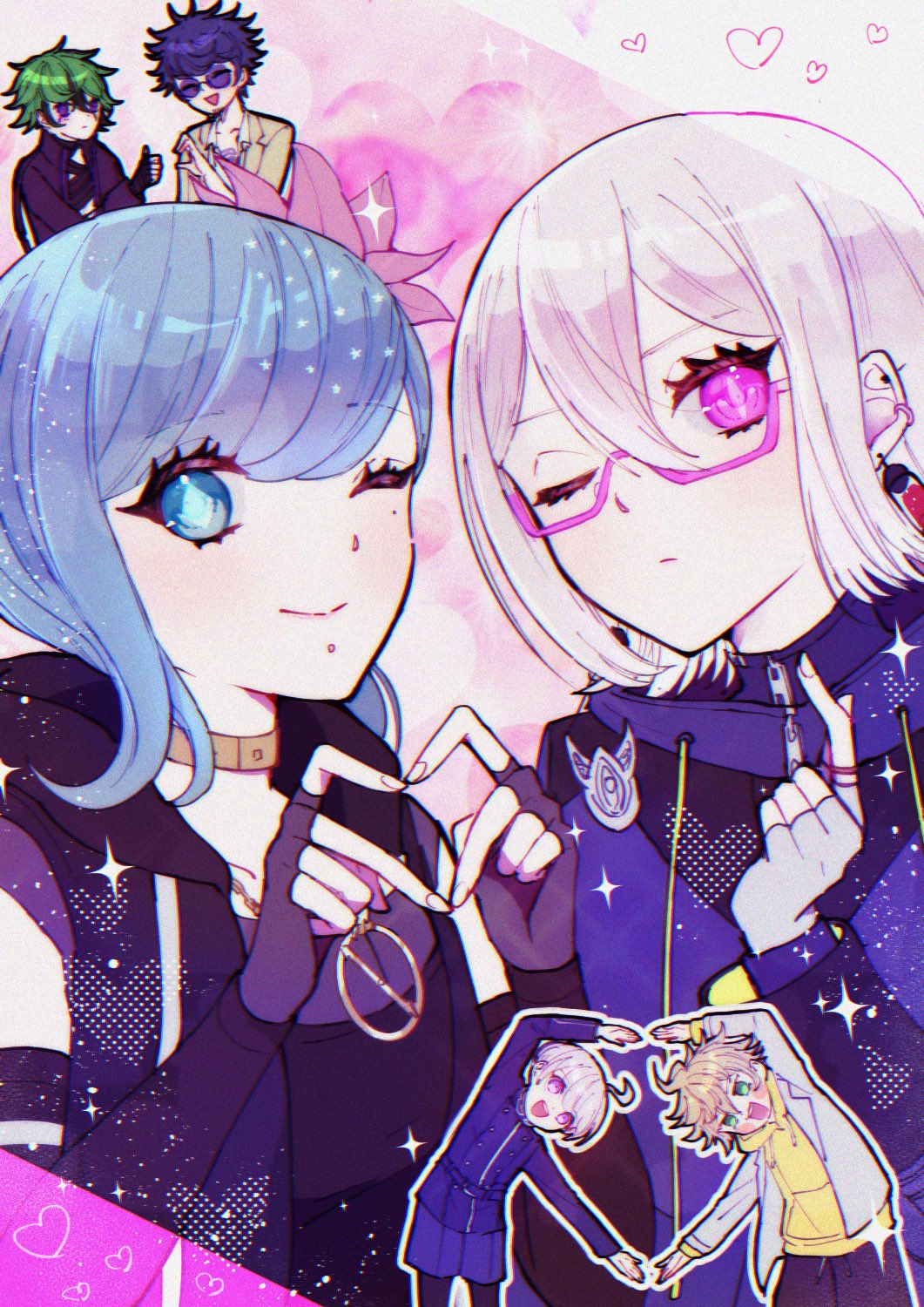 moyuchocolats, desuhiko thunderbolt, fubuki clockford, halara nightmare, vivia twilight, yakou furio, yuma kokohead, master detective archives: rain code, commentary, highres, symbol-only commentary, 1girl, 1other, 4boys, ahoge, androgynous, aqua hair, beard, black gloves, black hair, blonde hair, blue eyes, blue hoodie, choker, closed mouth, facial hair, finger heart, fingerless gloves, fingernails, flower, glasses, gloves, green eyes, green hair, grey gloves, hair flower, hair ornament, heart, heart hands, heart hands failure, hood, hood down, hoodie, long hair, multicolored hair, multiple boys, one eye closed, pink-framed eyewear, pink eyes, pink flower, pink hair, purple-tinted eyewear, short hair, smile, streaked hair, sunglasses, thumbs up, tinted eyewear, yellow choker