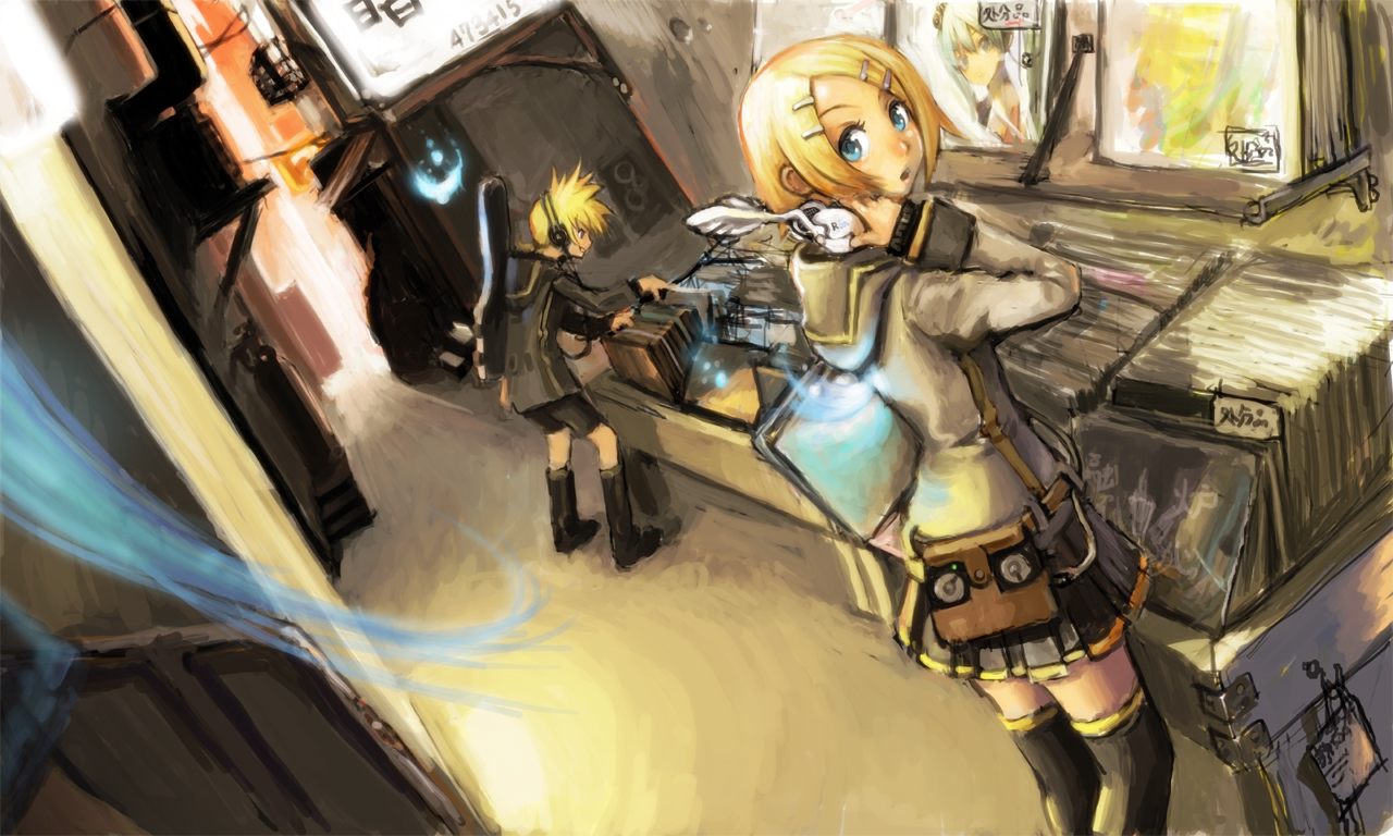motsu rebaa, hatsune miku, kagamine len, kagamine rin, vocaloid, blonde hair, guitar case, headphones, headphones around neck, instrument case, shop, short hair, skirt, thighhighs, vinyl record