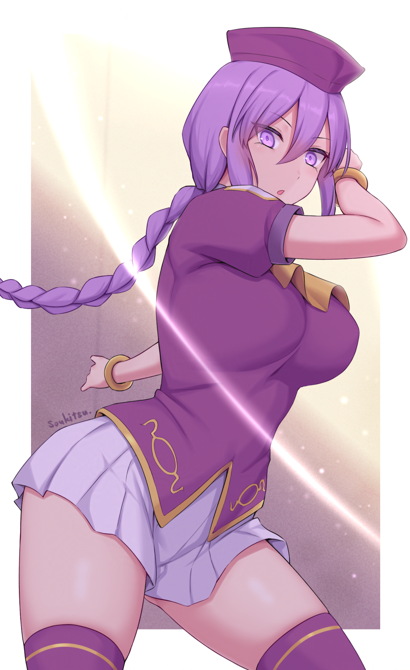 soukitsu, sion eltnam (type-moon), sion eltnam atlasia, carnival phantasm, melty blood, tsukihime, type-moon, highres, 1girl, arm at side, arm behind head, arm up, ascot, beret, border, bracelet, braid, breasts, cowboy shot, hat, jewelry, long hair, looking at viewer, miniskirt, purple eyes, purple hair, purple shirt, purple thighhighs, shirt, short sleeves, single braid, skirt, solo, thighhighs, very long hair, white border, white skirt, yellow ascot, zettai ryouiki