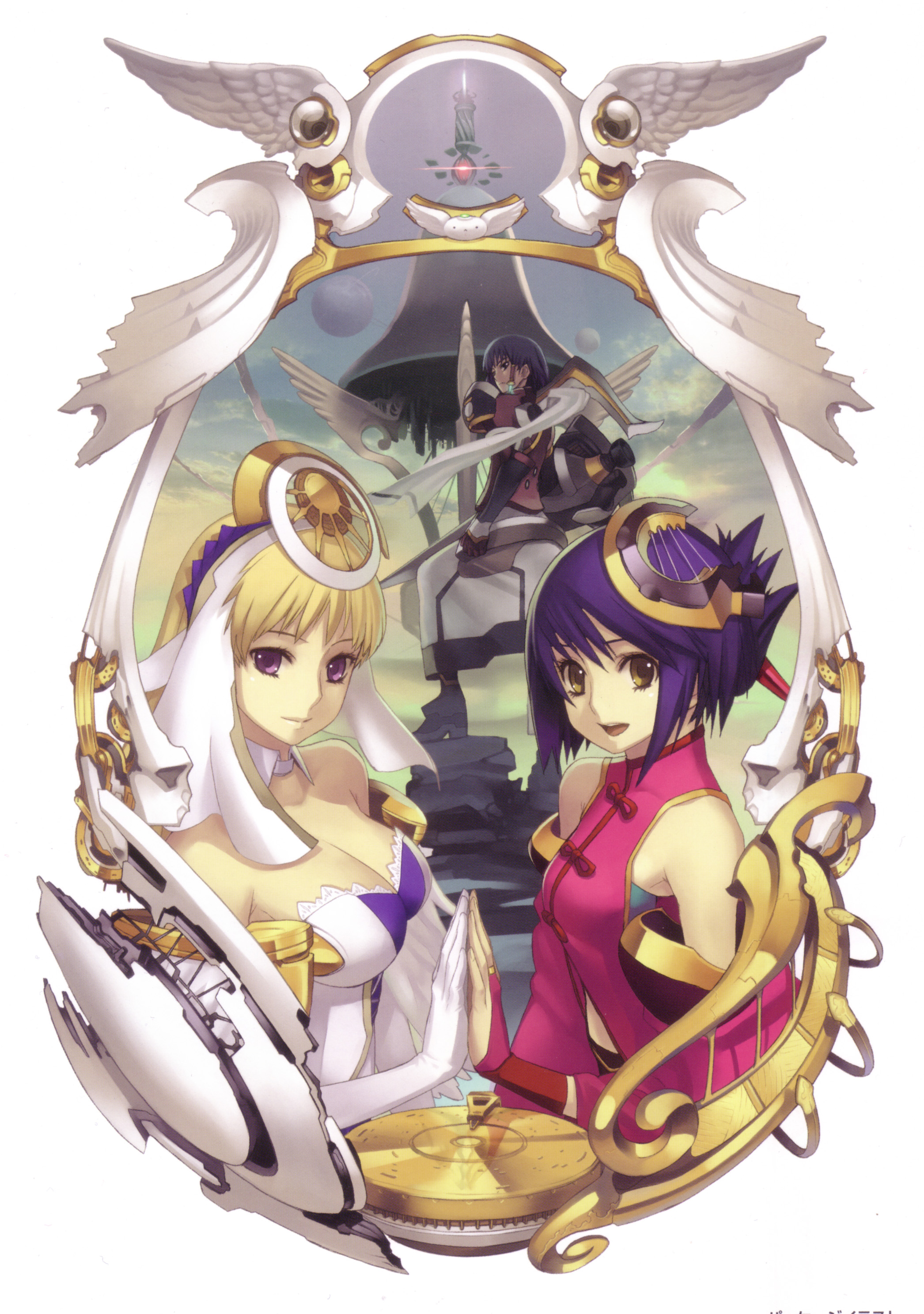 nagi ryou, chroah vatel, chroche latel pastalie, croix, luca truelywaath, soraneko (ar tonelico), ar tonelico, ar tonelico ii, gust, absurdres, highres, official art, 00s, 1boy, 2girls, :d, androgynous, angel wings, armor, bare shoulders, bell, blonde hair, blue hair, bow, breasts, bridal gauntlets, brown eyes, cleavage, cloud, detached collar, detached sleeves, elbow gloves, flat chest, folded ponytail, gloves, hair ornament, hair up, harp, headdress, high heels, holding hands, instrument, lace, large breasts, long hair, looking back, multiple girls, open mouth, planet, profile, purple eyes, purple hair, rock, scarf, shoes, short hair, sidelocks, sky, smile, standing, swept bangs, turtleneck, upper body, veil, wings, yellow eyes