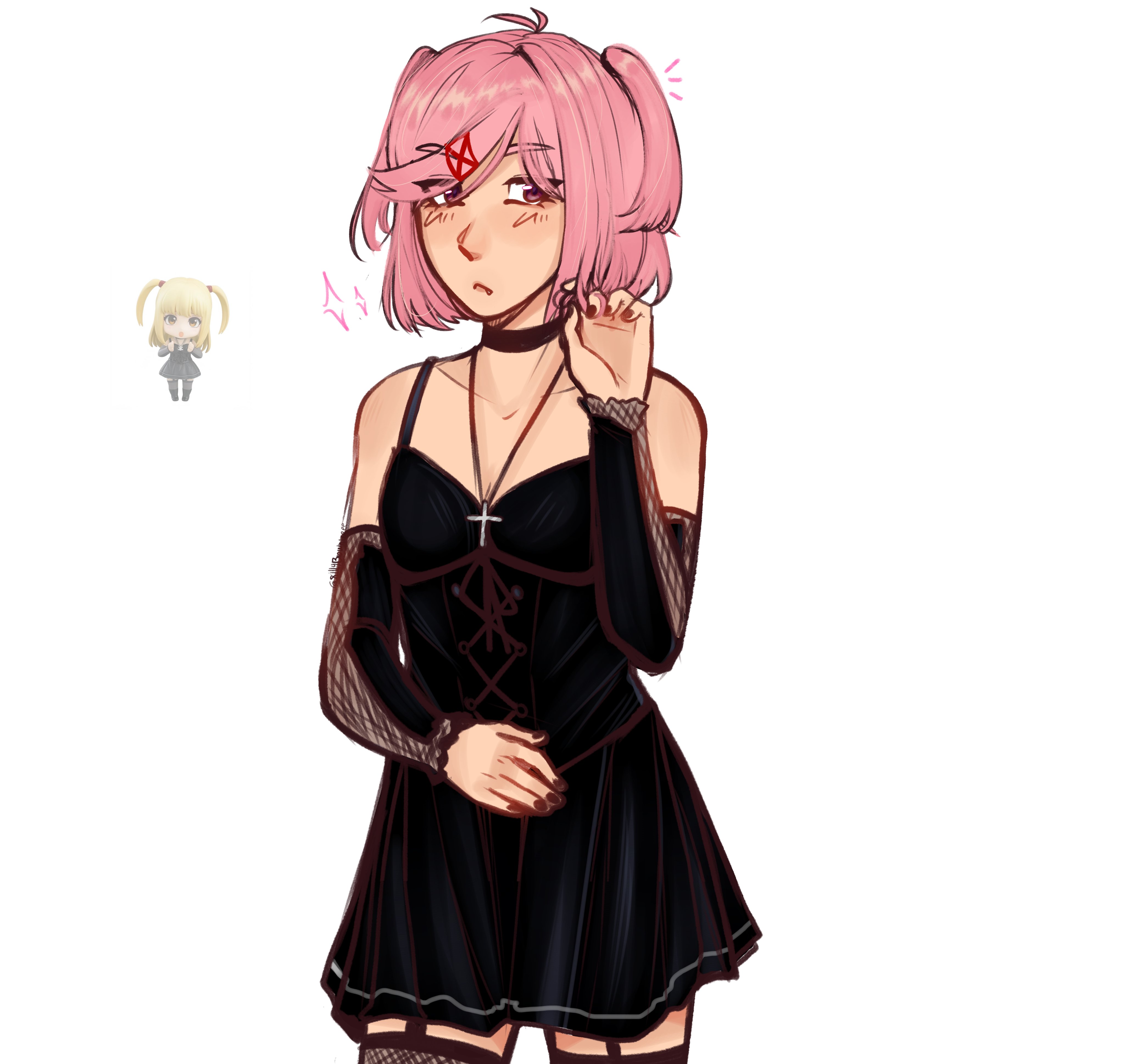 amane misa, natsuki (doki doki literature club), death note, doki doki literature club, nendoroid, absurdres, commentary, hashtag-only commentary, highres, 1girl, :<, adjusting hair, antenna hair, black choker, black dress, black nails, black sleeves, blonde hair, blush, bob cut, breasts, brown eyes, brownie (sillybrownieeee), character doll, choker, closed mouth, collarbone, cowboy shot, cross, cross necklace, curled fingers, detached sleeves, doll, dress, embarrassed, fang, fishnet sleeves, fishnet thighhighs, fishnets, garter straps, goth fashion, hair ornament, hair ribbon, hand on own stomach, jewelry, lace-up, layered sleeves, looking at viewer, necklace, nose, notice lines, pendant, pink eyes, pink hair, pink lips, playing with own hair, red ribbon, reference inset, ribbon, short dress, short hair, simple background, single hair intake, sleeveless, sleeveless dress, small breasts, solo, sparkle, standing, swept bangs, thick eyebrows, thighhighs, two side up, white background, x hair ornament, zettai ryouiki
