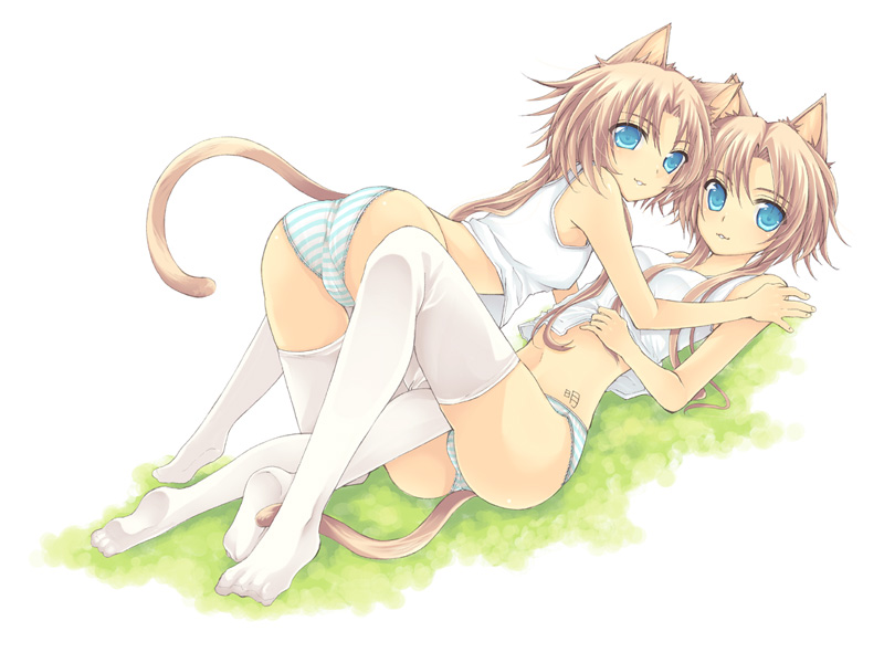 sakurai unan, original, bad id, bad pixiv id, translation request, 2girls, :3, animal ears, ass, blue eyes, brown hair, cat ears, cat tail, feet, long hair, multiple girls, panties, shirt, siblings, sisters, striped clothes, striped panties, tail, thighhighs, twins, underwear, white thighhighs