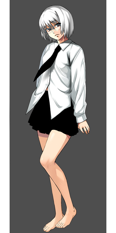 nyamota, original, silver hair, bad id, bad pixiv id, 1girl, barefoot, feet, female focus, full body, glasses, grey background, head tilt, legs, necktie, over-rim eyewear, semi-rimless eyewear, short hair, simple background, skirt, solo, standing