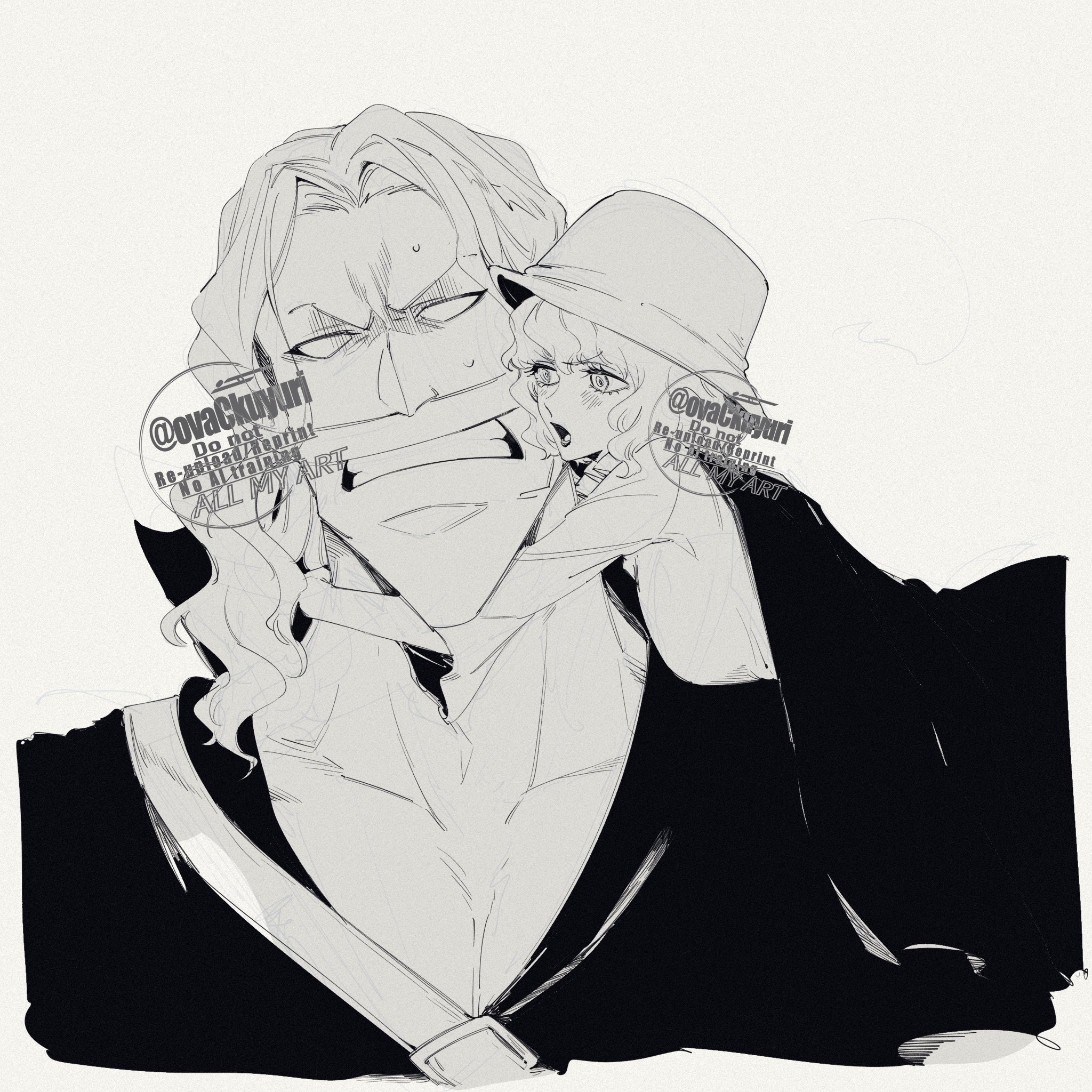 ovasayuri, edward newgate, stussy (one piece), one piece, commentary request, highres, 1boy, 1girl, blank eyes, blunt bangs, blush, clenched teeth, facial hair, greyscale, hat, hug, monochrome, mustache, simple background, teeth, twitter username, v-shaped eyebrows