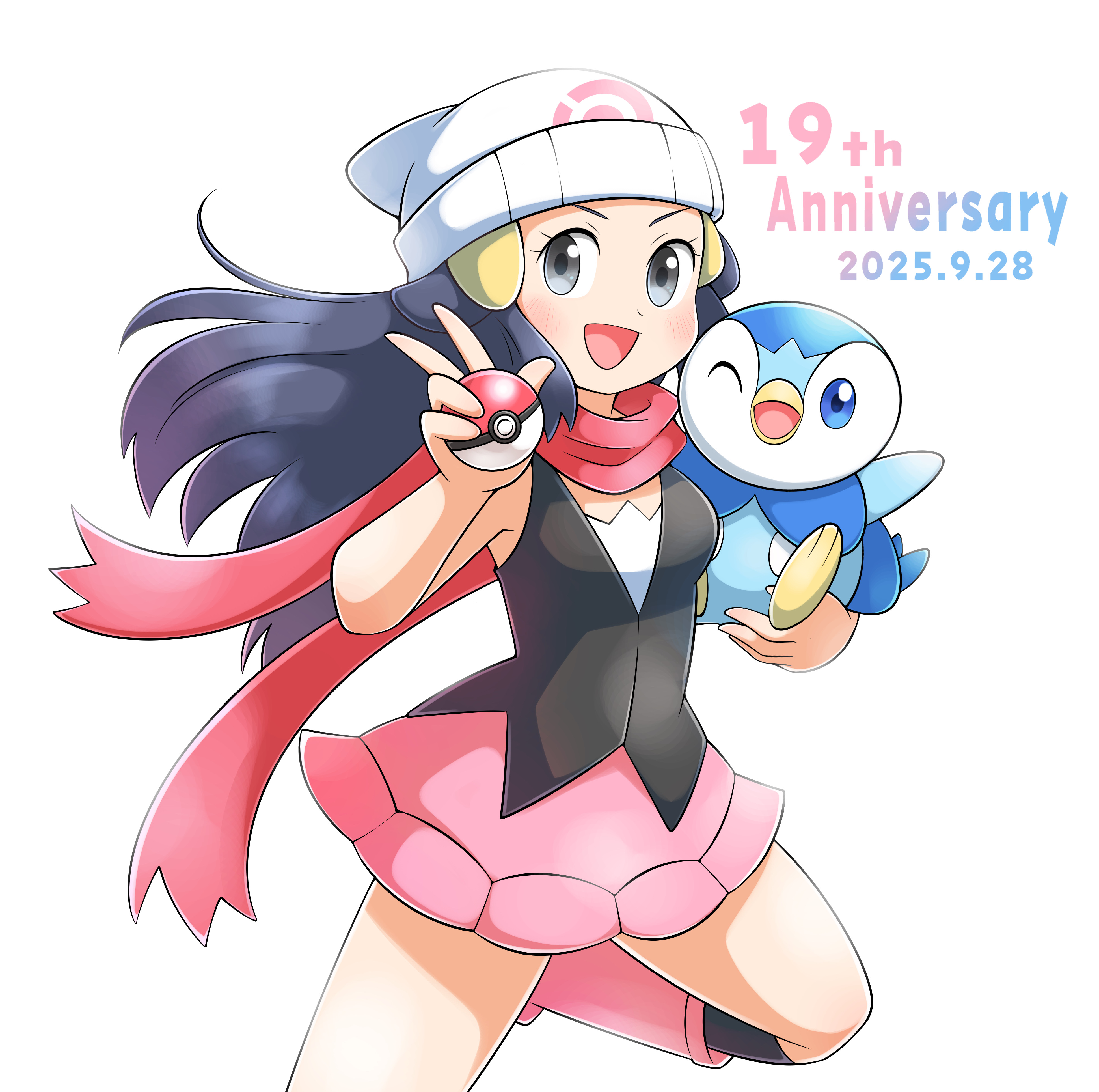 aogaeru (pixiv46613656), dawn (pokemon), piplup, nintendo, pokemon, pokemon dppt, absurdres, commentary request, highres, 1girl, :d, anniversary, beanie, black hair, black socks, boots, dated, eyelashes, gen 4 pokemon, grey eyes, hair ornament, hairclip, hand up, hat, holding, holding poke ball, holding pokemon, kneehighs, long hair, open mouth, pink boots, pink skirt, poke ball, poke ball (basic), pokemon (creature), scarf, shirt, skirt, sleeveless, sleeveless shirt, smile, socks, white hat