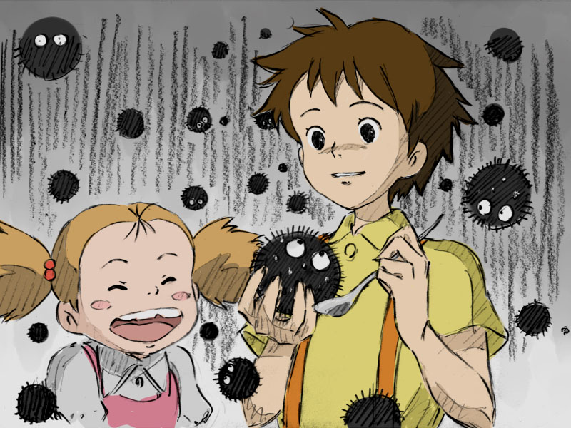 kumosuke, kusakabe mei, kusakabe satsuki, makkurokurosuke, susuwatari, studio ghibli, tonari no totoro, 1980s (style), 2girls, blush, brown hair, happy, holding, holding spoon, multiple girls, retro artstyle, spoon, sweat