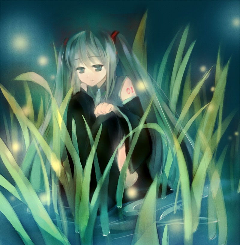 zeko, hatsune miku, vocaloid, detached sleeves, grass, long hair, night, sitting, solo, thighhighs, twintails, very long hair