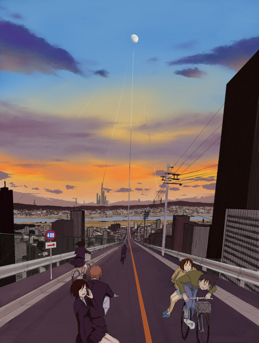 kumosuke, highres, 3boys, 3girls, ^ ^, arrow (symbol), bare legs, bicycle, black hair, black skirt, blazer, bridge, brown hair, building, city, cityscape, closed eyes, cloud, denim, dusk, guard rail, hand to own mouth, happy, jacket, jeans, long sleeves, moon, multiple boys, multiple girls, multiple riders, open mouth, outdoors, pants, pavement, pleated skirt, power lines, river, road, road sign, scenery, school uniform, science fiction, short hair, sidesaddle, sign, skirt, sky, skyscraper, slice of life, street, twilight, utility pole, vanishing point