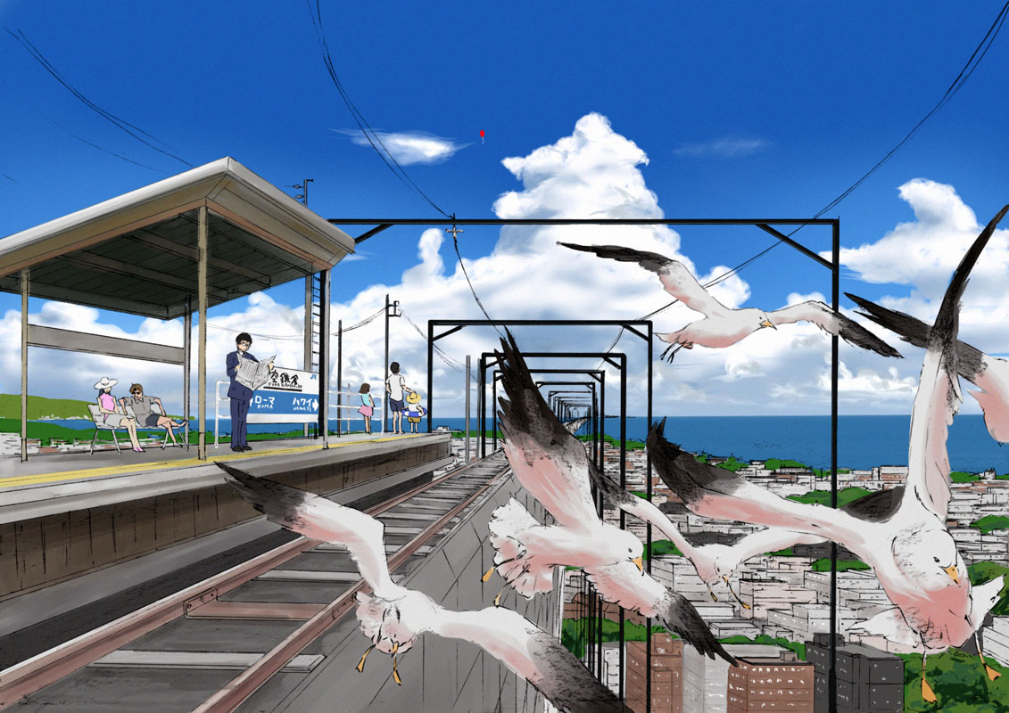 kumosuke, 2girls, 4boys, bench, bird, child, city, cityscape, cloud, day, landscape, multiple boys, multiple girls, newspaper, ocean, outdoors, reading, scenery, seagull, sitting, sky, slice of life, train station