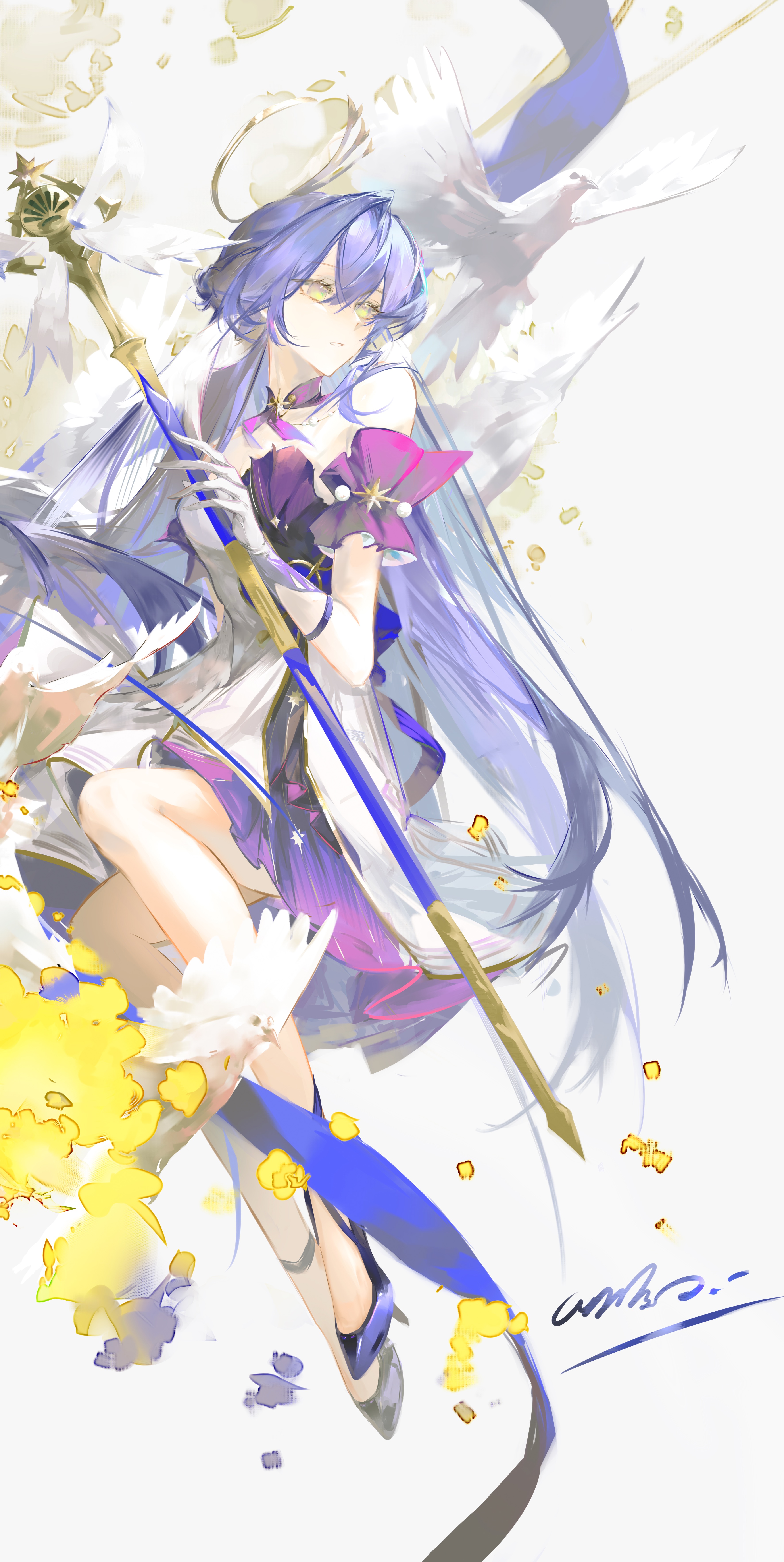 anko (renzao19823), robin (honkai: star rail), honkai: star rail, honkai (series), absurdres, chinese commentary, commentary, highres, 1girl, bare legs, bare shoulders, bird, blue hair, blue shoes, breasts, cleavage, crossed bangs, detached collar, dove, dress, floating, flower, full body, gloves, green eyes, halo, head wings, high heels, holding, holding staff, long hair, looking to the side, midair, shoes, signature, simple background, solo, staff, strapless, strapless dress, very long hair, white background, white bird, white dress, white gloves, white wings, wings, yellow flower