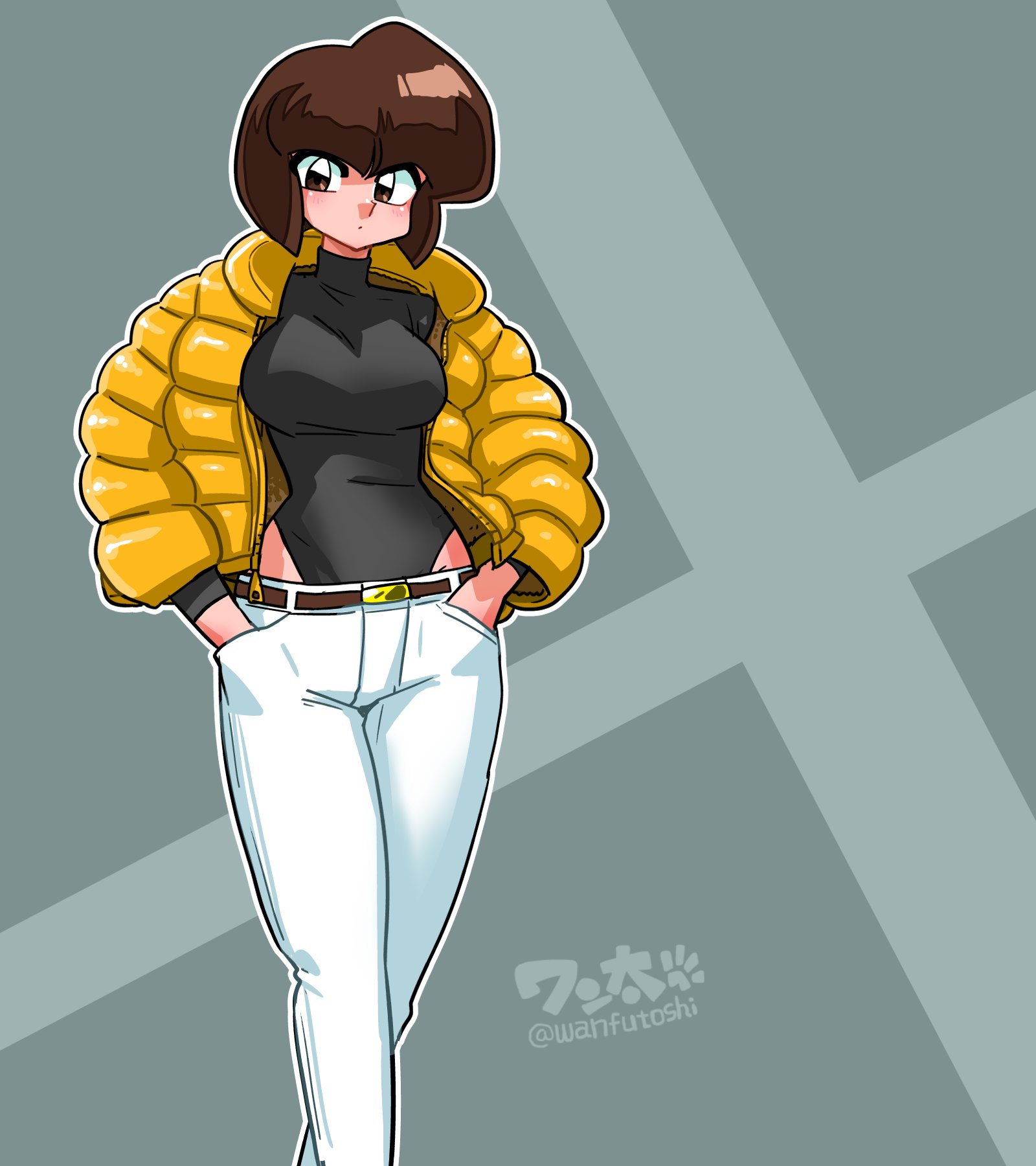 wanta (futoshi), tendou nabiki, ranma 1/2, commentary, highres, 1girl, artist name, belt, belt buckle, black leotard, blunt bangs, blunt ends, blush, bob cut, breasts, brown belt, brown eyes, brown hair, buckle, closed mouth, denim, dot mouth, down jacket, feet out of frame, green background, hands in pockets, heattech leotard, highleg, highleg leotard, hip focus, inverted bob, jacket, jeans, large breasts, leotard, leotard under clothes, light blush, long sleeves, looking at viewer, open clothes, open jacket, outline, pants, short hair, signature, solo, turtleneck, twitter username, unzipped, walking, white outline, white pants, yellow jacket, zipper