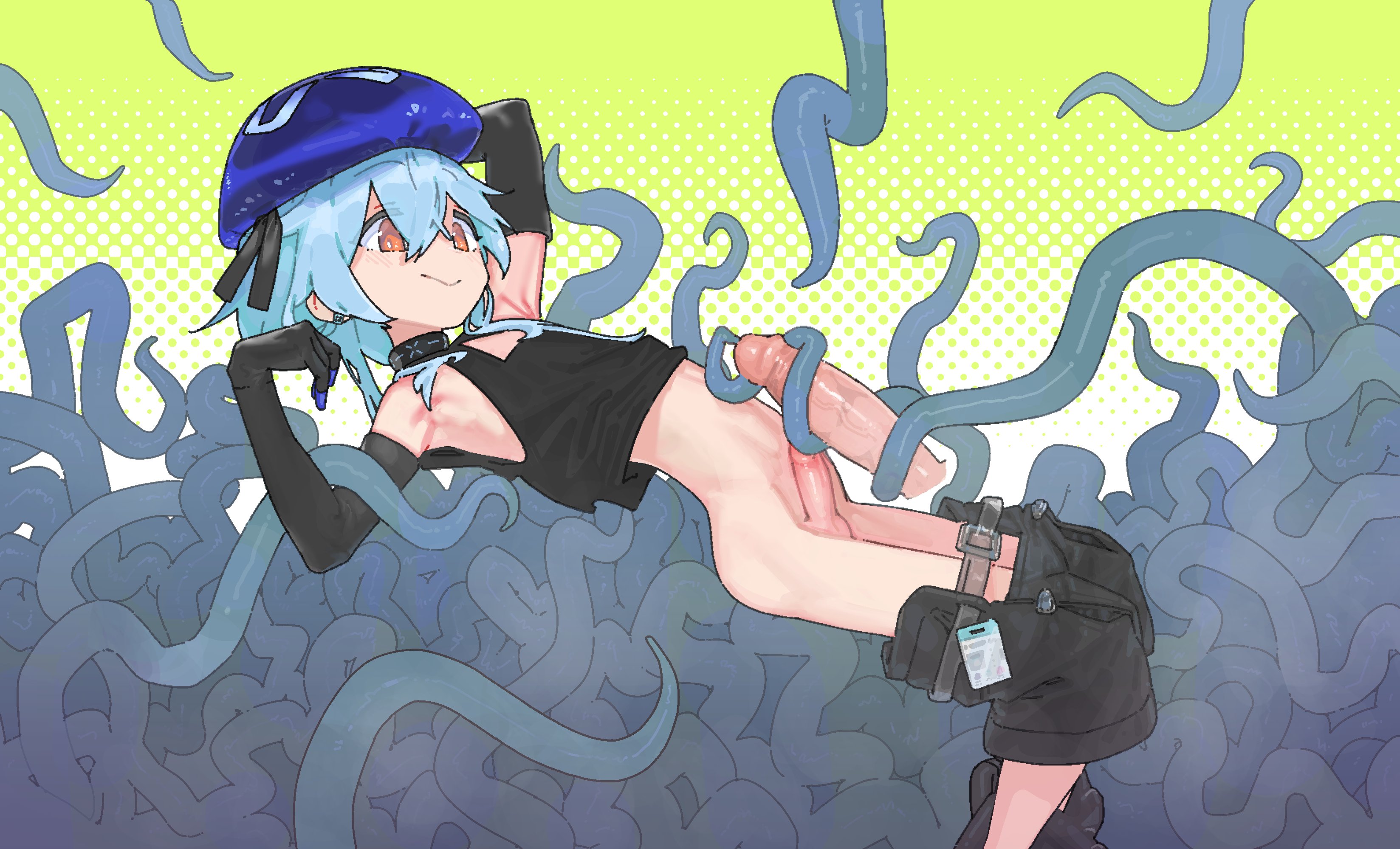 pshuuu, mizuki (arknights), arknights, absurdres, commentary, commission, english commentary, highres, variant set, 1boy, bare shoulders, black gloves, black tank top, blue hair, blue hat, closed mouth, clothes pull, disembodied penis, elbow gloves, erection, feet out of frame, from side, gloves, halftone, halftone background, hat, male focus, orange eyes, pants, pants pull, penis, short hair, smile, tank top, tentacles, trap, uncensored