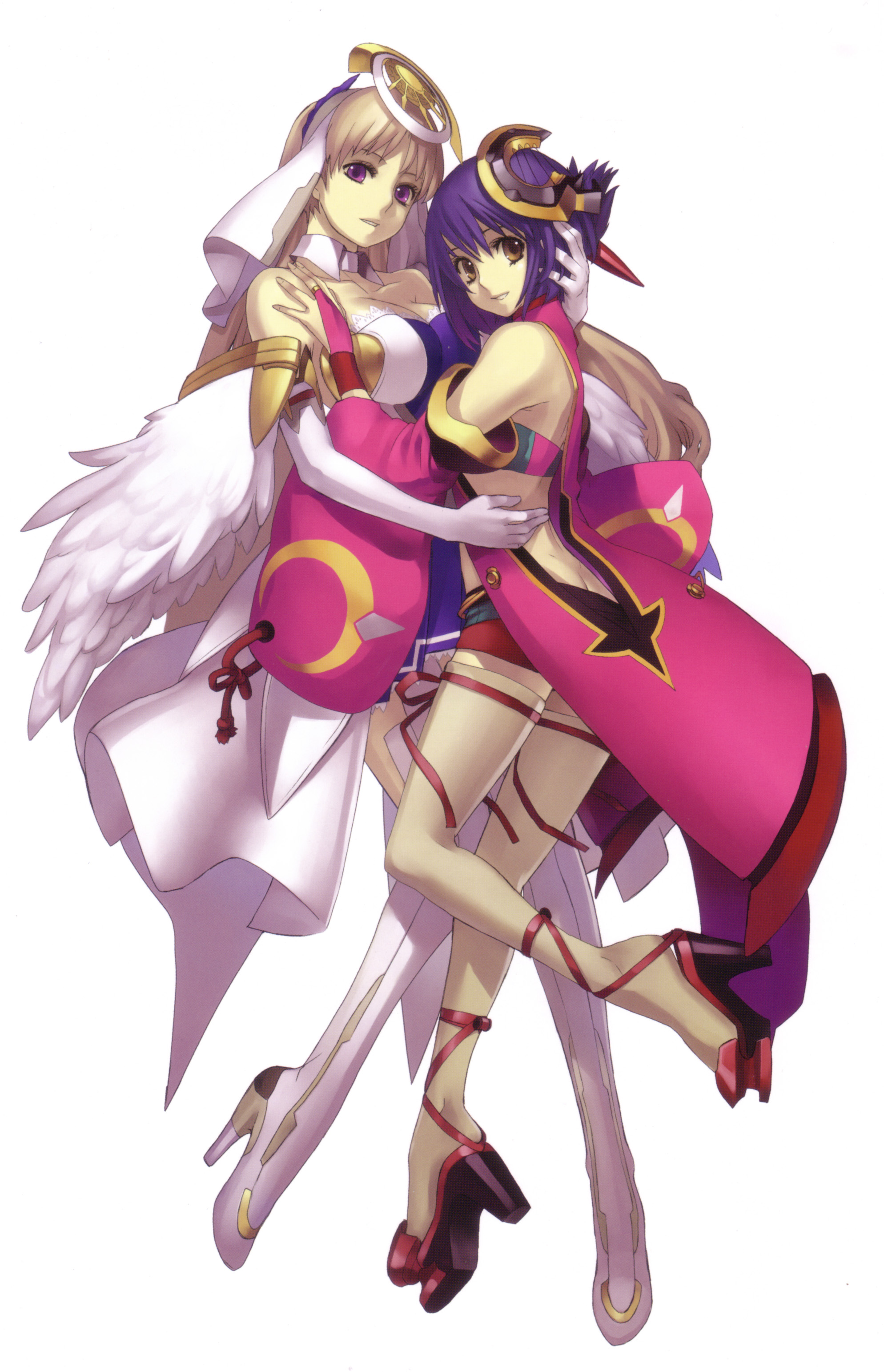 nagi ryou, chroche latel pastalie, luca truelywaath, ar tonelico, ar tonelico ii, gust, absurdres, highres, official art, 00s, 2girls, blonde hair, bridal gauntlets, butt crack, choker, detached sleeves, elbow gloves, folded ponytail, footwear ribbon, gloves, hair ornament, happy, high heels, hug, legs, long hair, multiple girls, purple eyes, purple hair, shoes, short hair, skirt, smile, thighhighs, yellow eyes, yuri