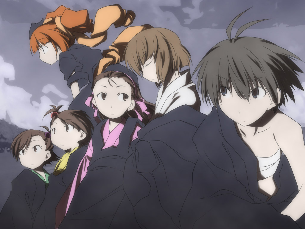 akane yuki, futami ami, futami mami, hagiwara yukiho, kikuchi makoto, minase iori, takatsuki yayoi, idolmaster, idolmaster (classic), idolmaster 1, bad id, bad pixiv id, 00s, 6+girls, ahoge, antenna hair, bandages, brown hair, japanese clothes, multiple girls, ribbon, short hair, siblings, sisters, twins, twintails